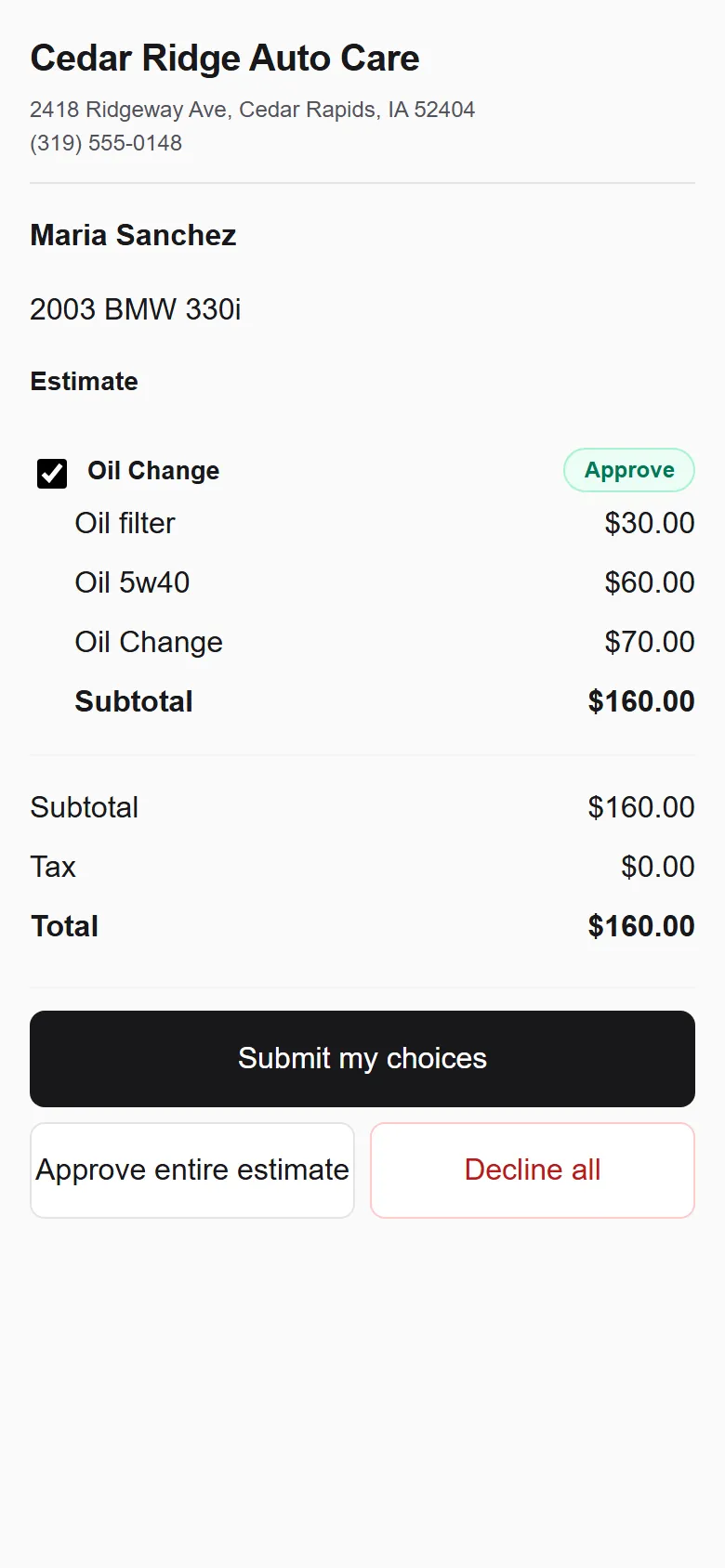 The approval page a customer sees on their phone: the shop's name, the vehicle, each job with its lines and prices, and buttons to submit choices, approve the entire estimate, or decline all.