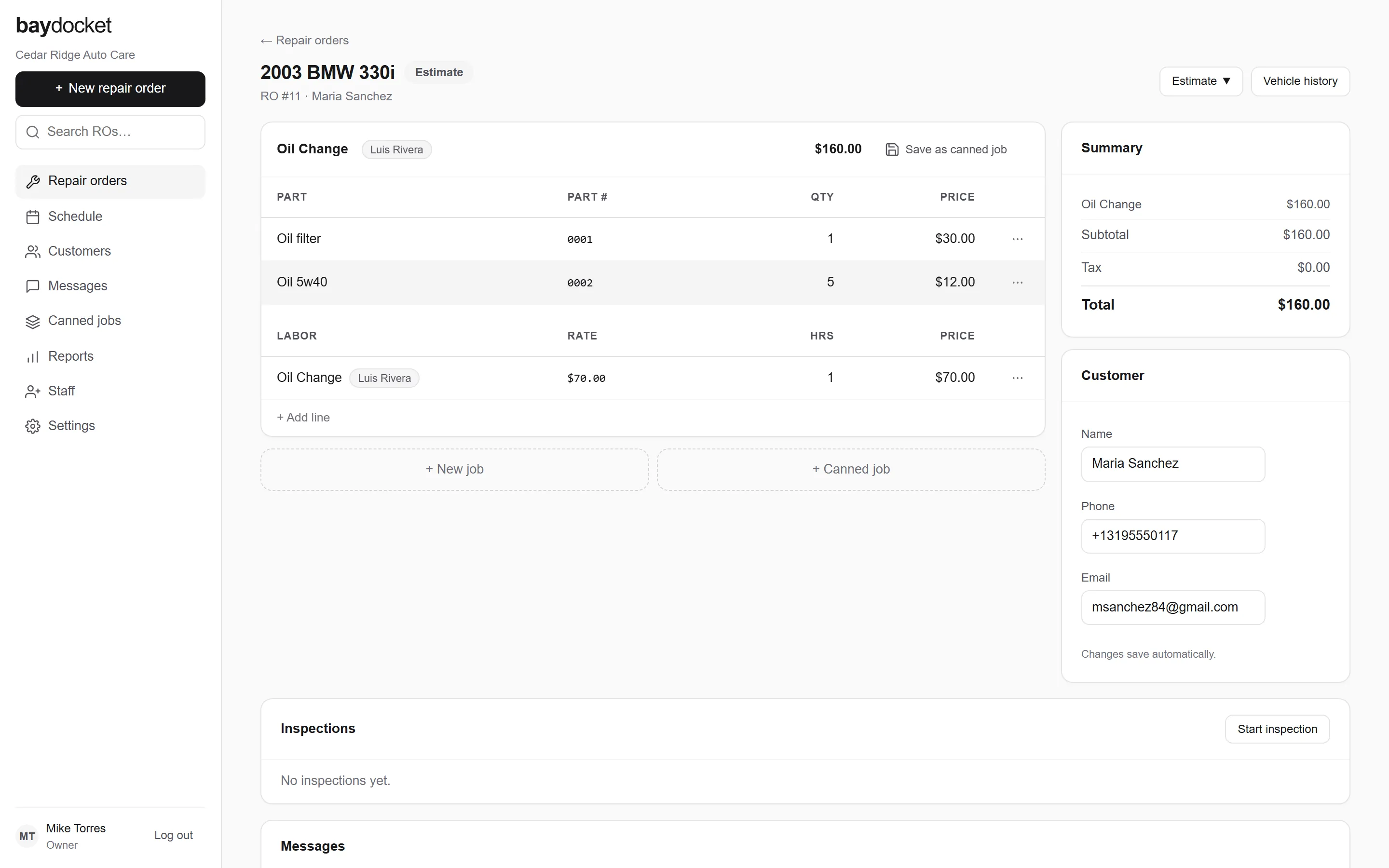 The BayDocket estimate builder: job cards with parts and labor lines, per-job prices, and a summary card with subtotal, tax, and total.