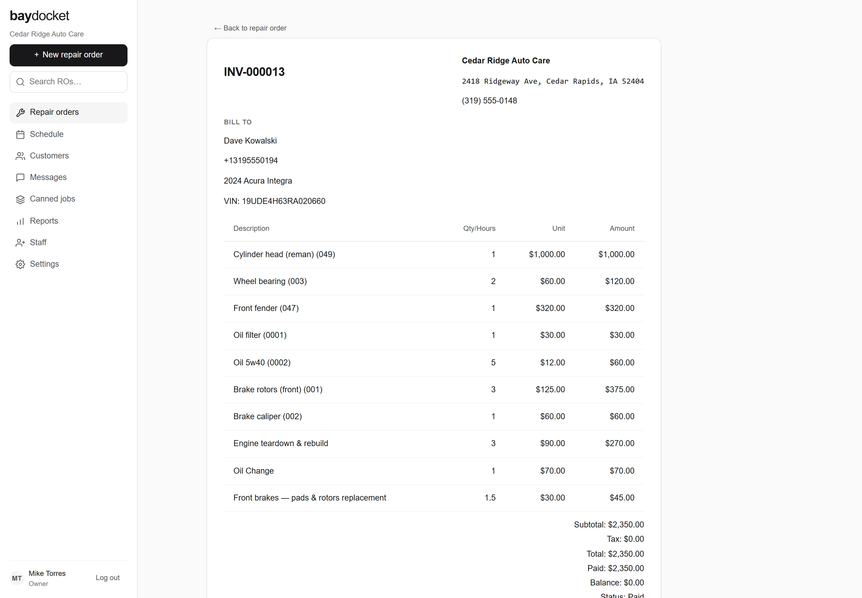 A BayDocket invoice, INV-000013, with the shop letterhead, bill-to customer and vehicle with VIN, and itemized parts and labor lines with quantities, unit prices, and amounts.
