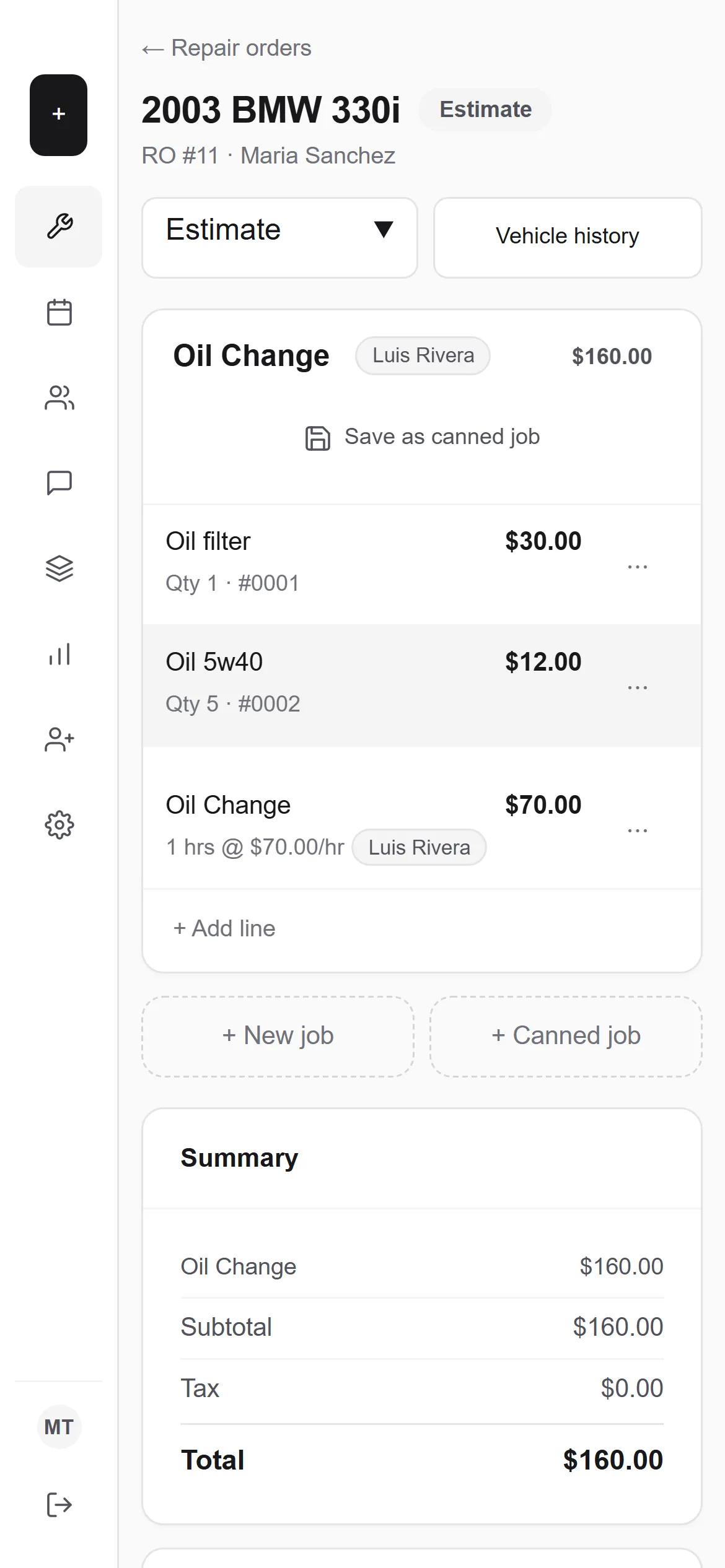 The BayDocket estimate builder on a phone: an oil-change job card with parts and labor lines, prices, and the running total.