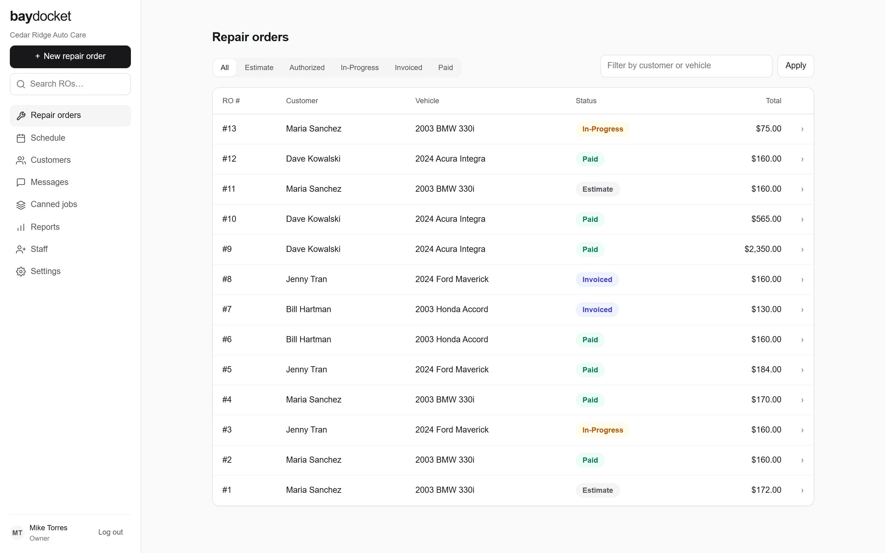 The BayDocket repair order list: numbered repair orders with customer, vehicle, status badges like Estimate, In-Progress, Invoiced, and Paid, and totals.