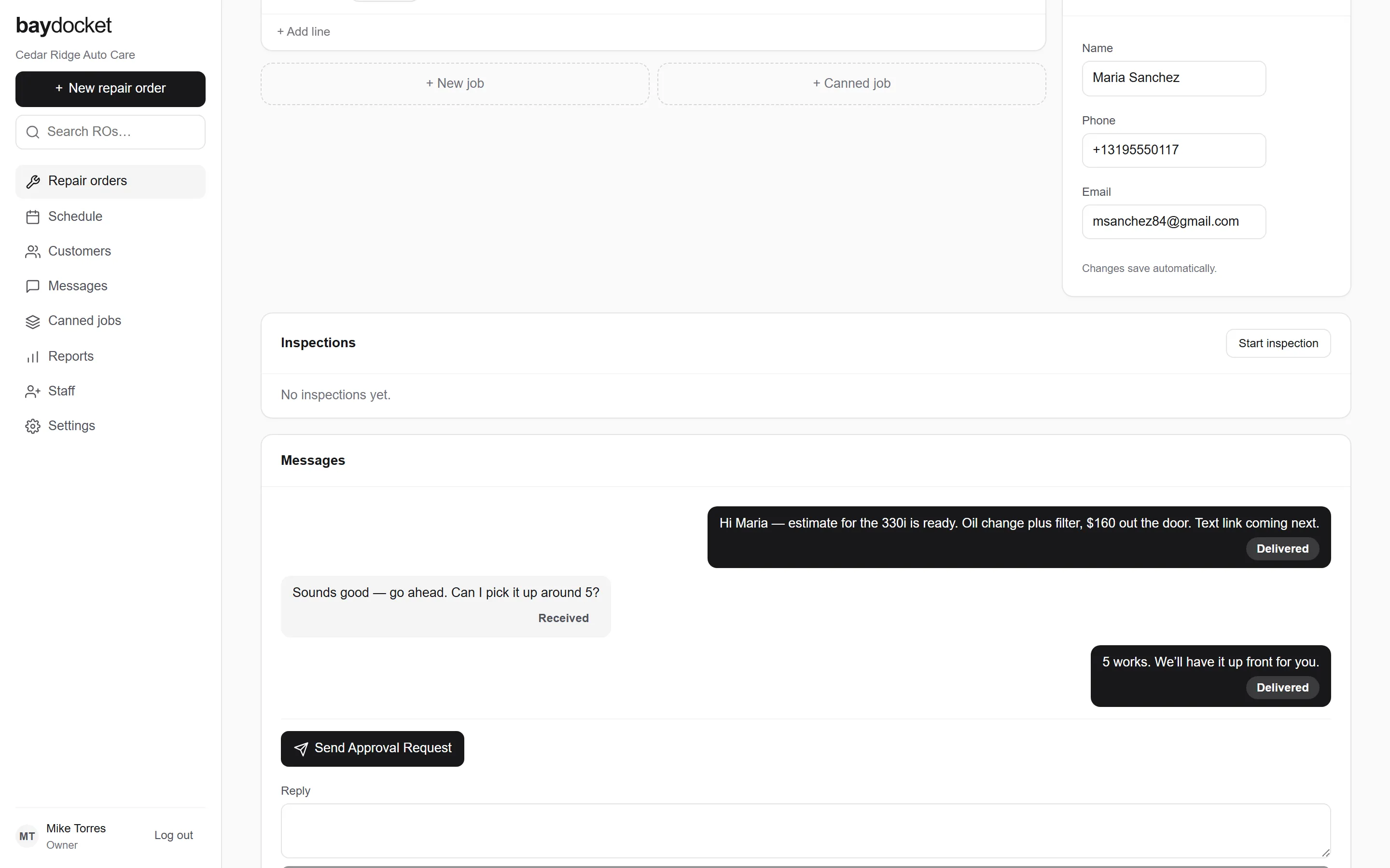 Texting in BayDocket: the message thread on a repair order with delivery status — and, on a phone, the approval page the customer sees with each job and its price.