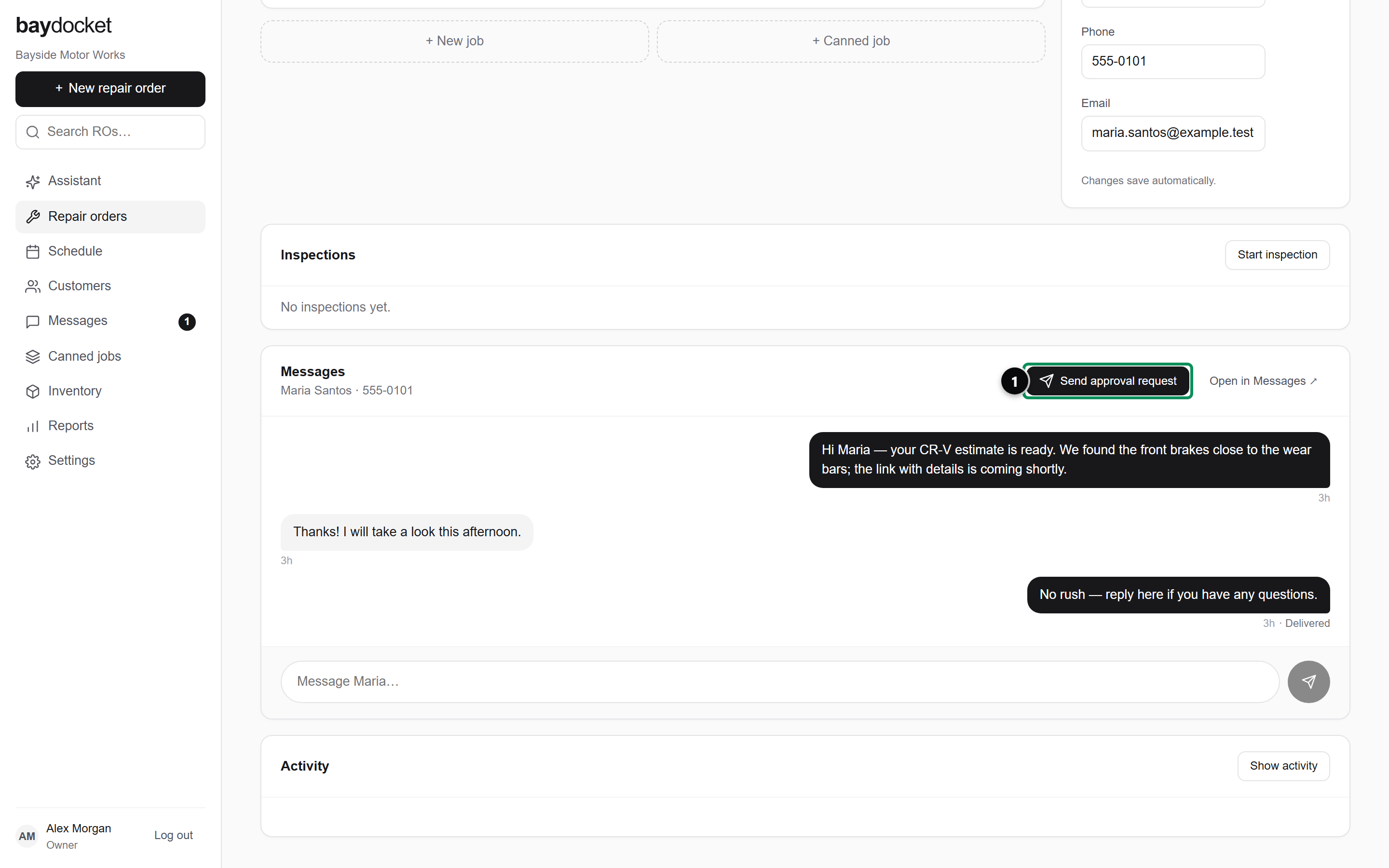 The Messages panel on an estimate, with the approval request sent and its delivery status showing