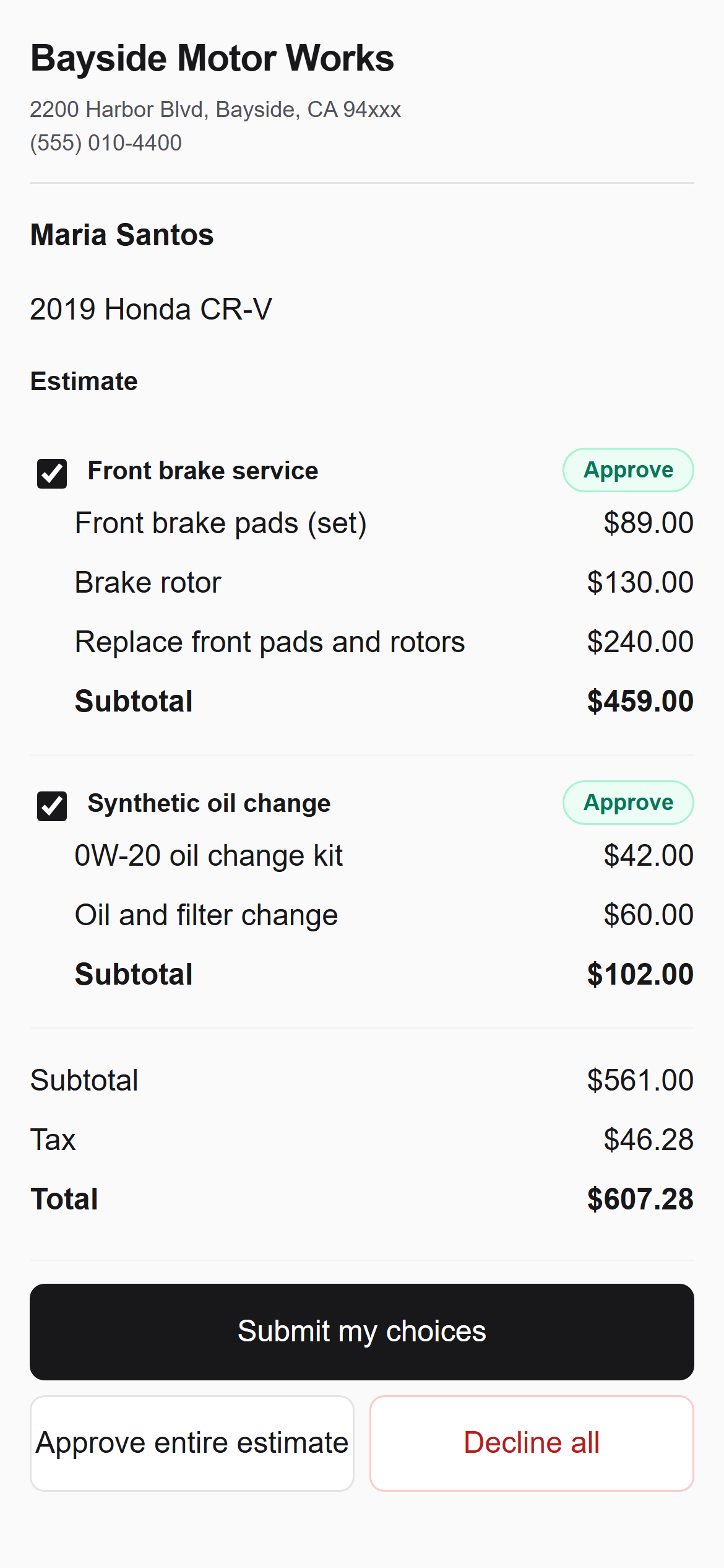The customer’s approval page on a phone, with each job as a checked row and the three action buttons at the bottom
