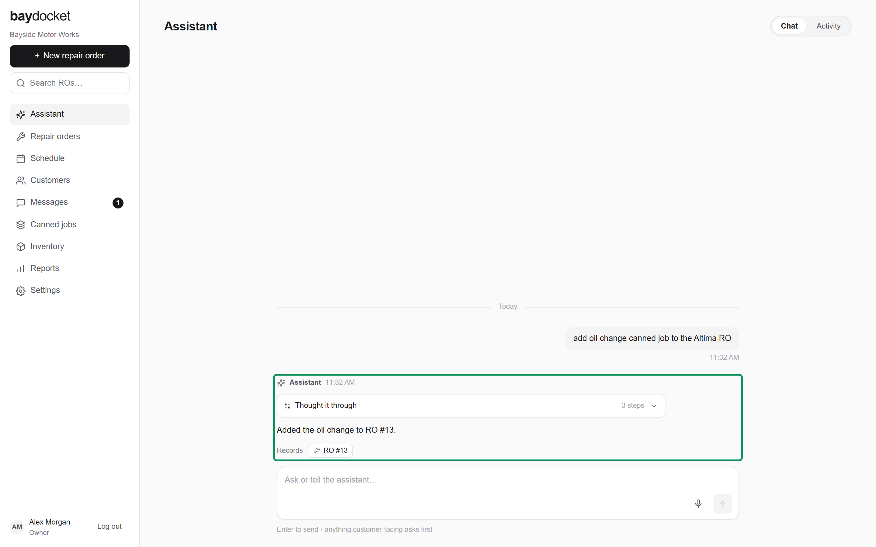 The Assistant chat with a finished reply, its step list, and a Records link