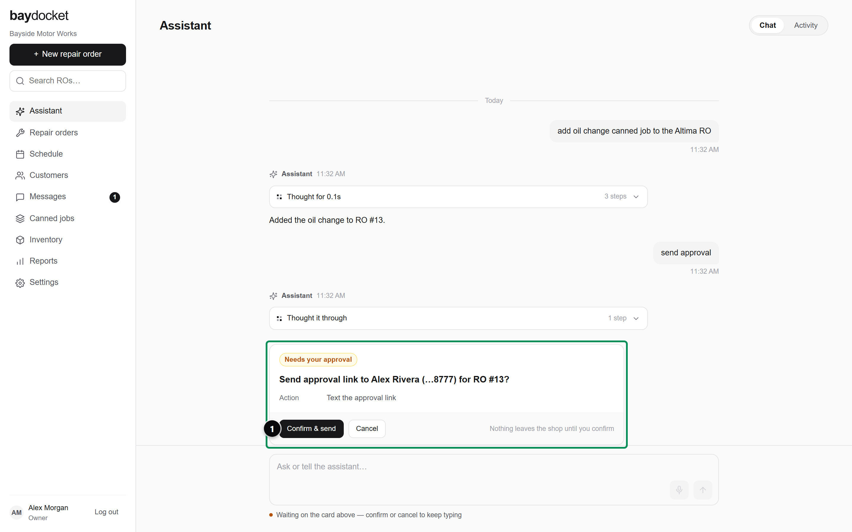 A confirm card blocking the composer until the action is approved or canceled