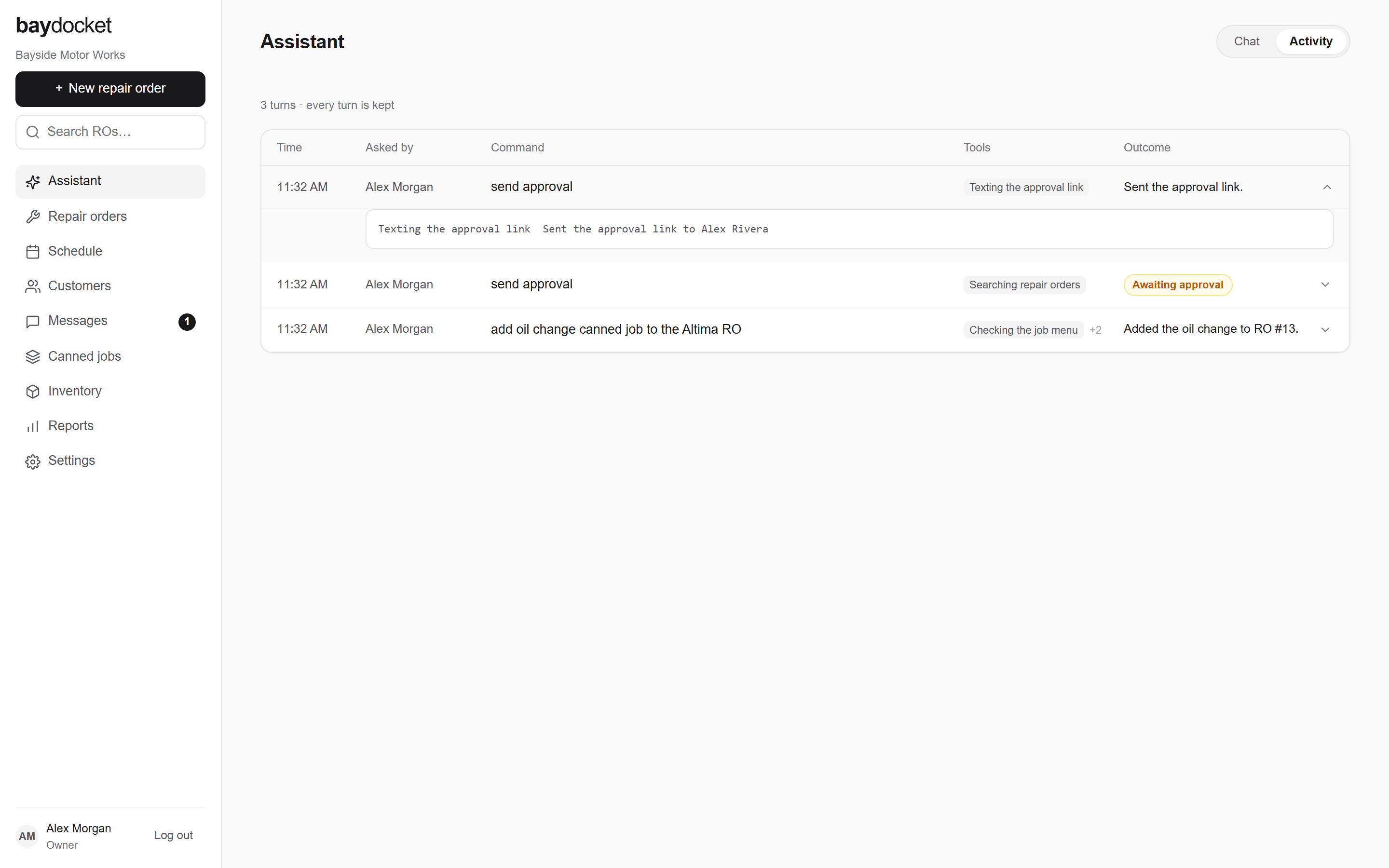 The Activity tab listing past assistant turns with time, requester, command, and outcome