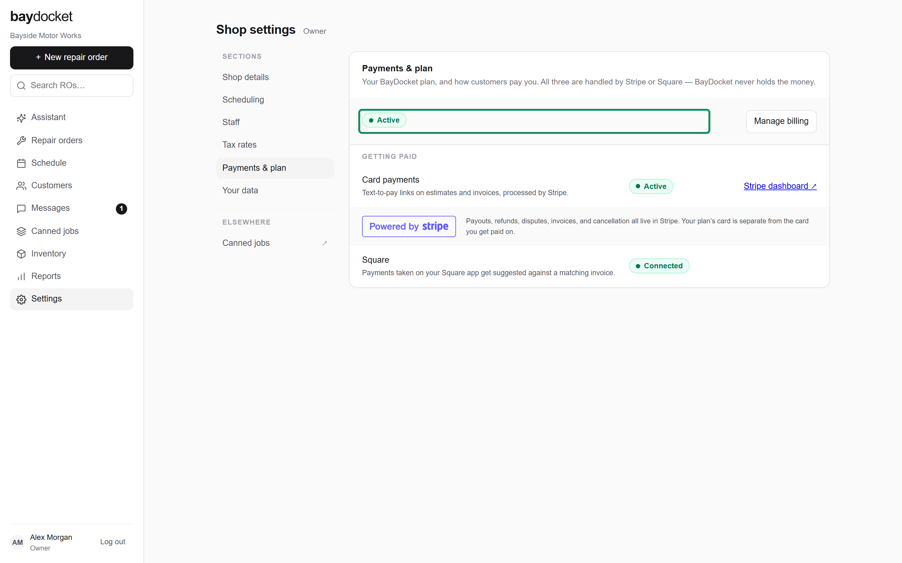 The Payments & plan section in Settings, with the plan strip at the top