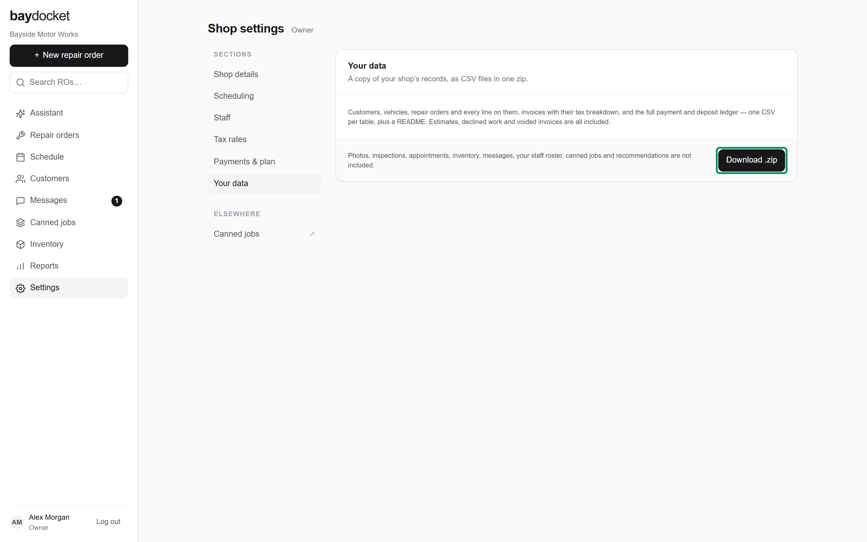 The Your data section in Settings, with its description and the Download .zip button