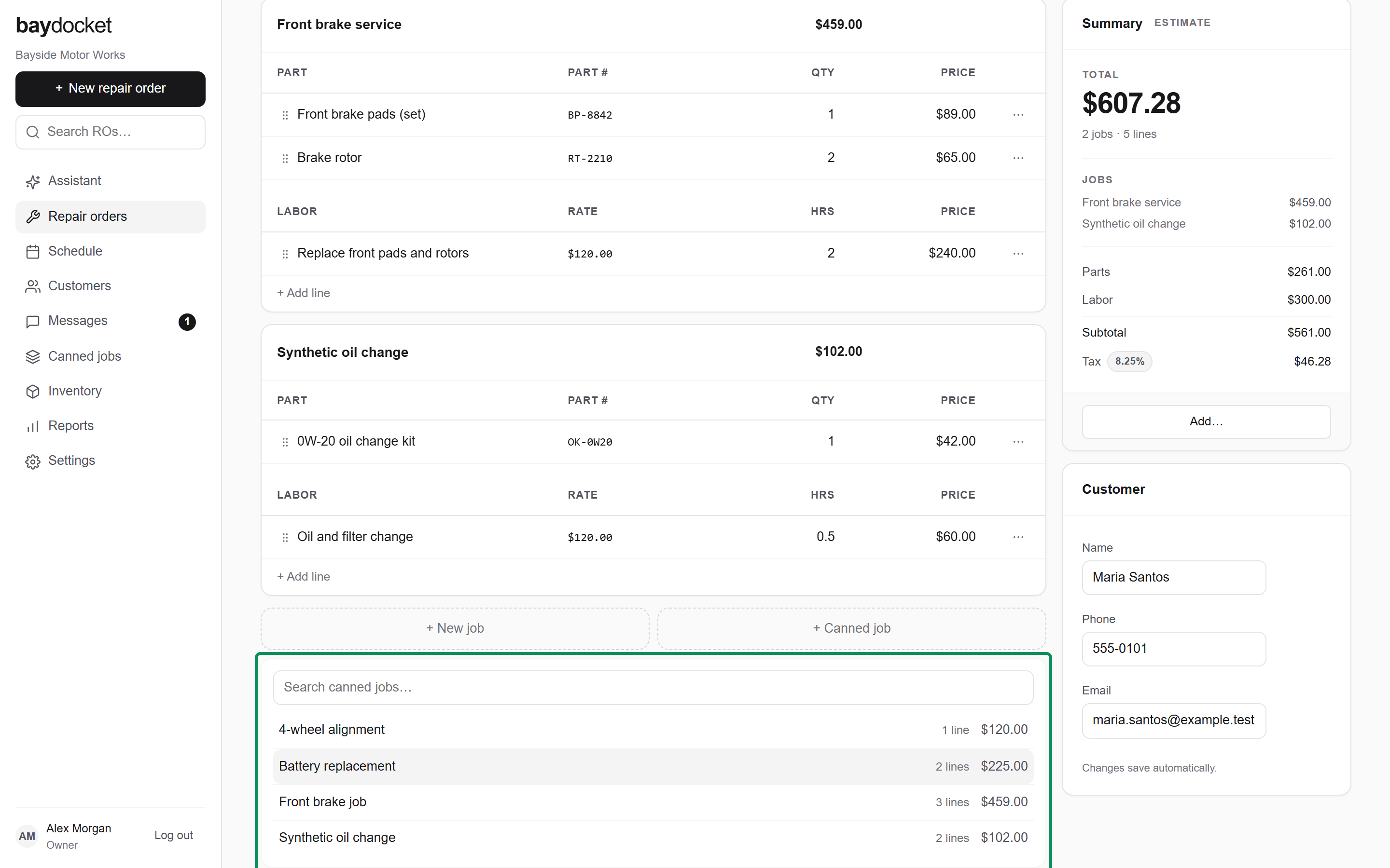 The canned job picker open under the job cards