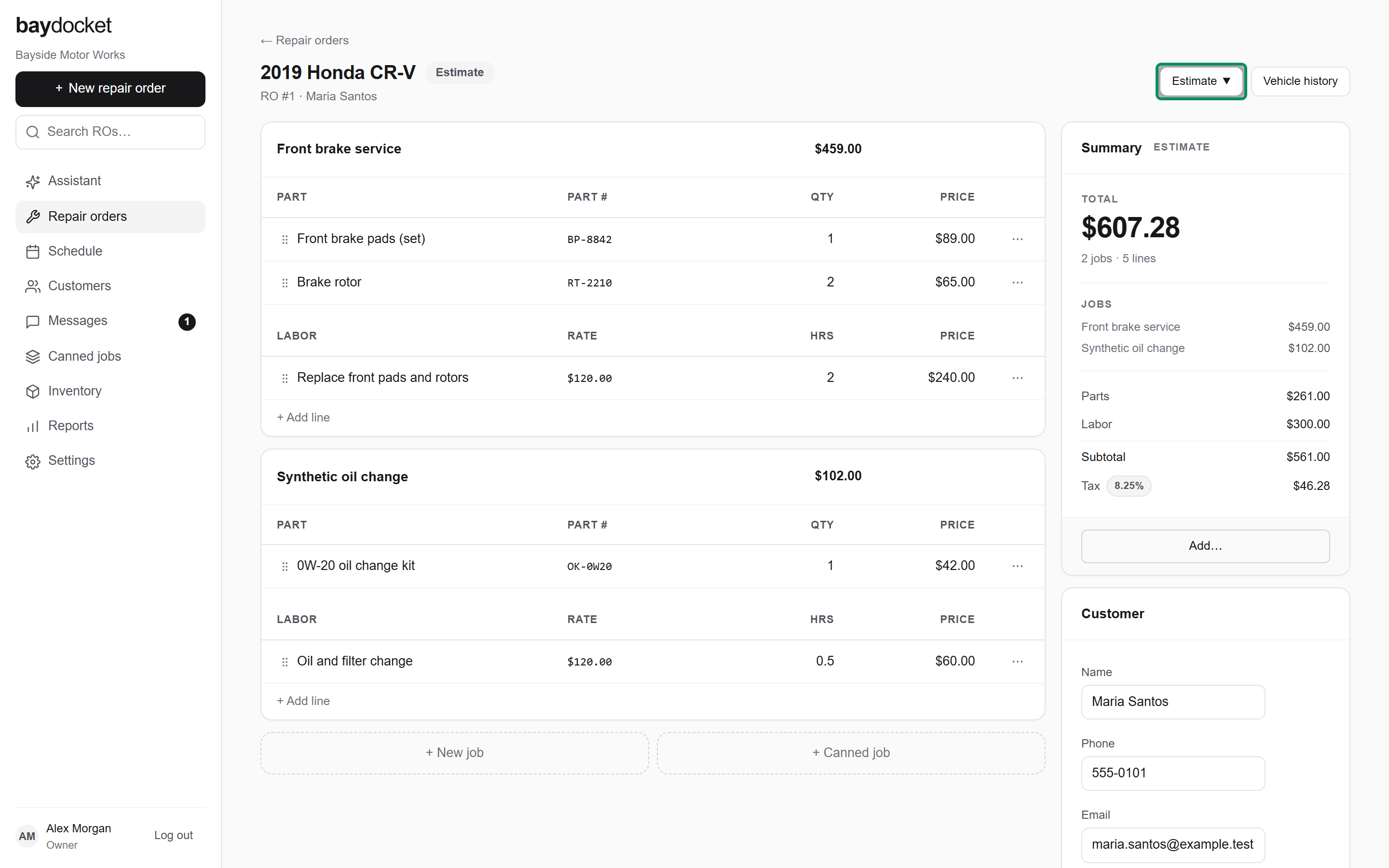 The status select open in the repair order header