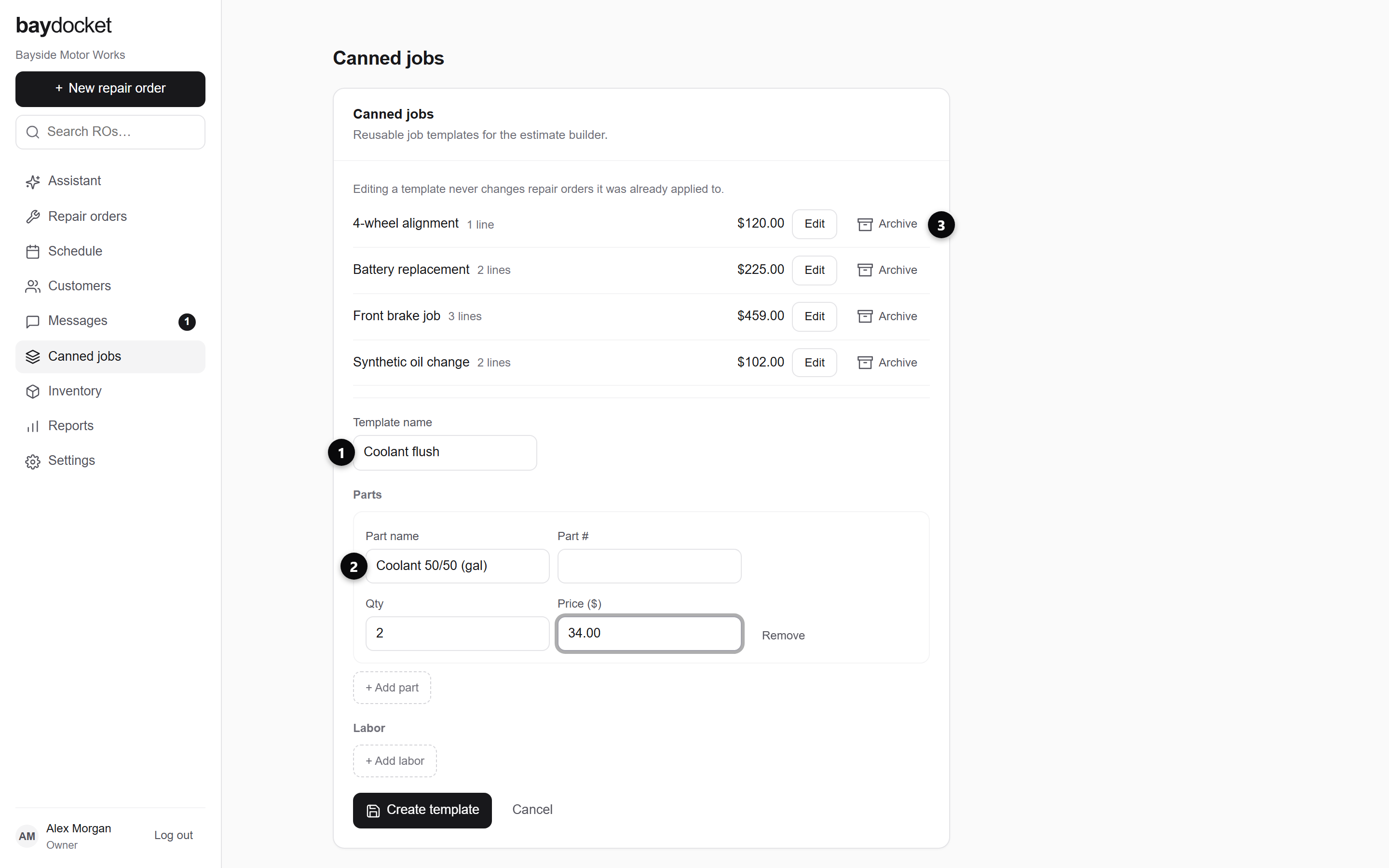 The Canned jobs page with the template list and the inline editor