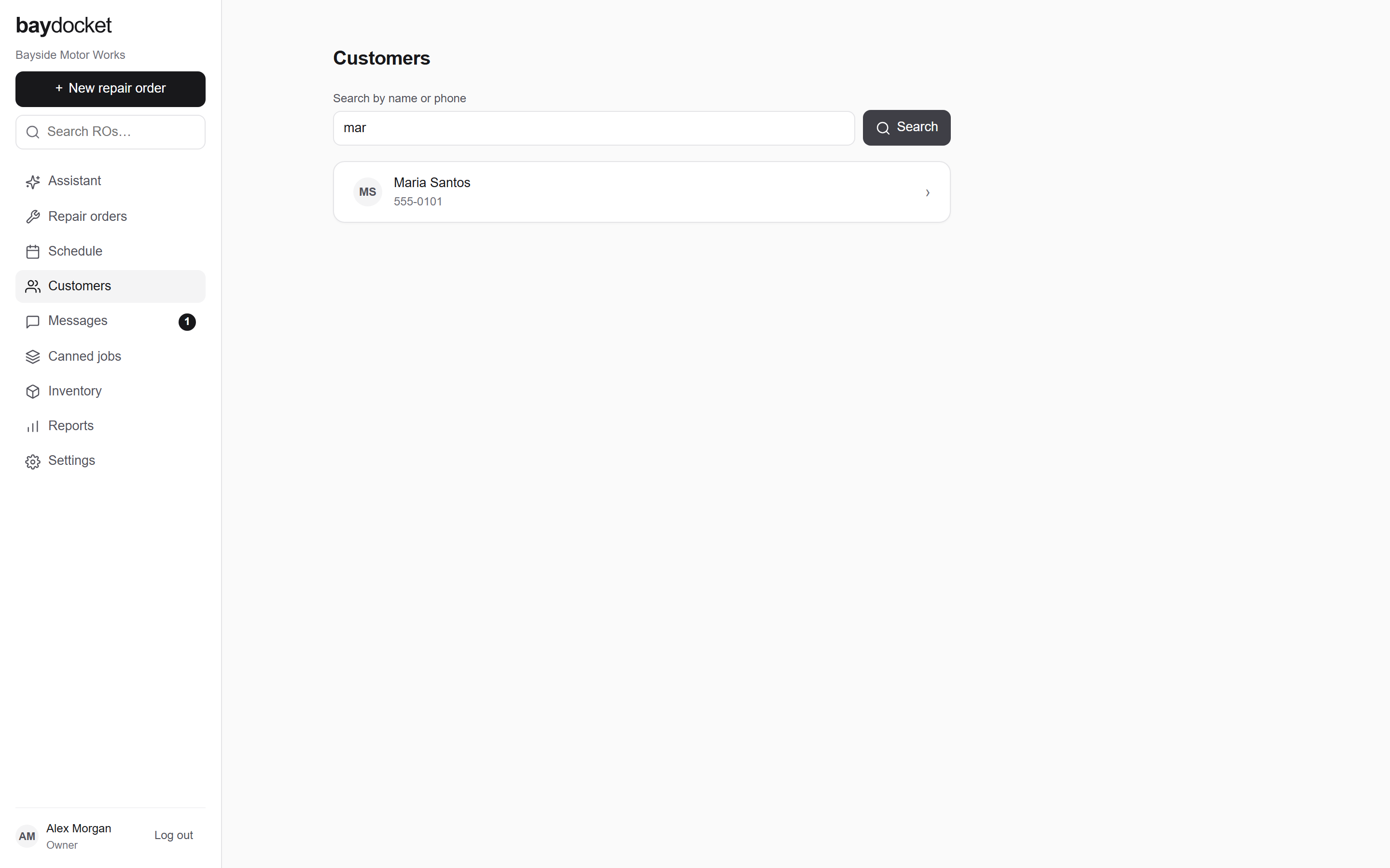 The Customers screen with search results