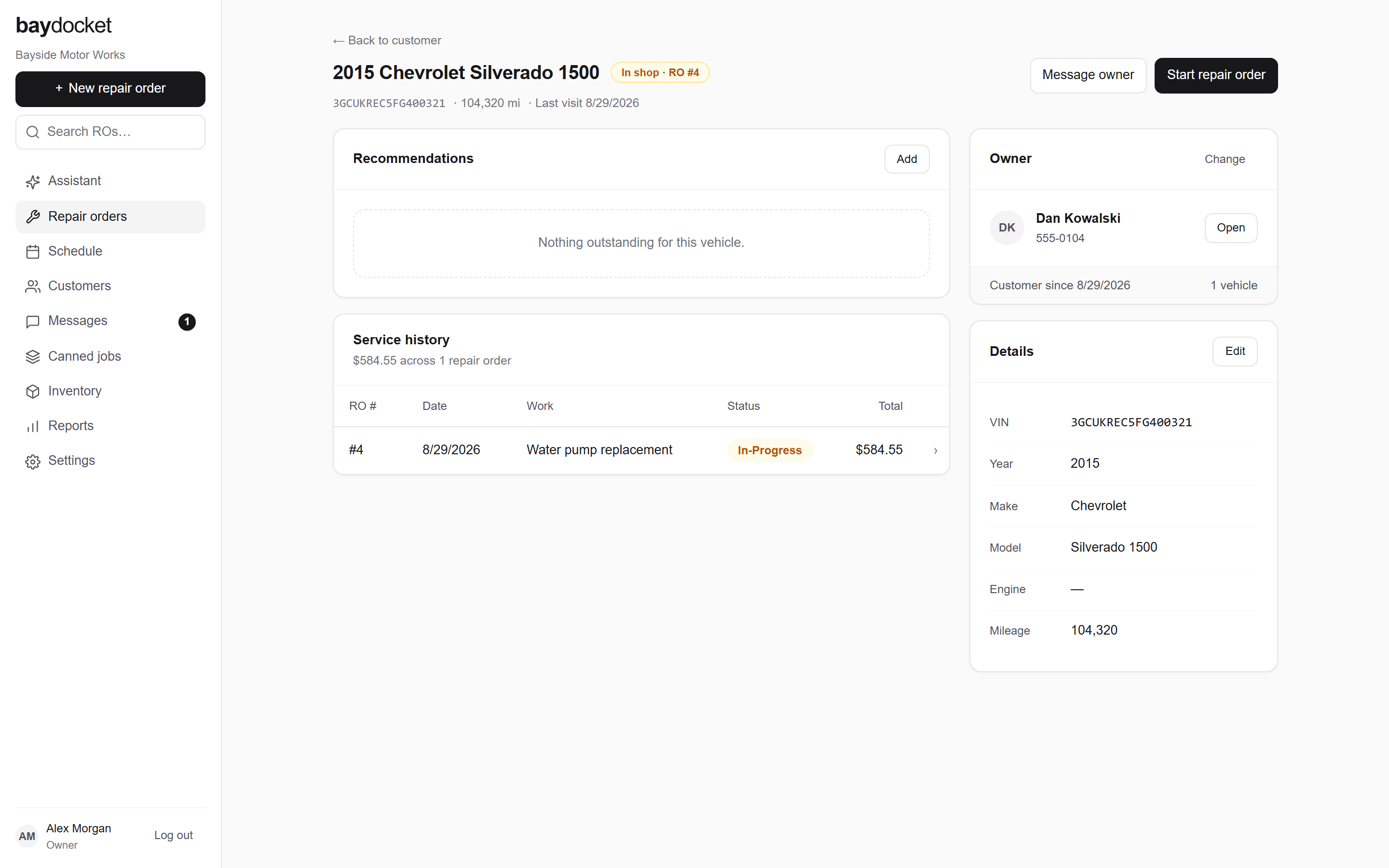 A vehicle record with the owner card, details card, and service history