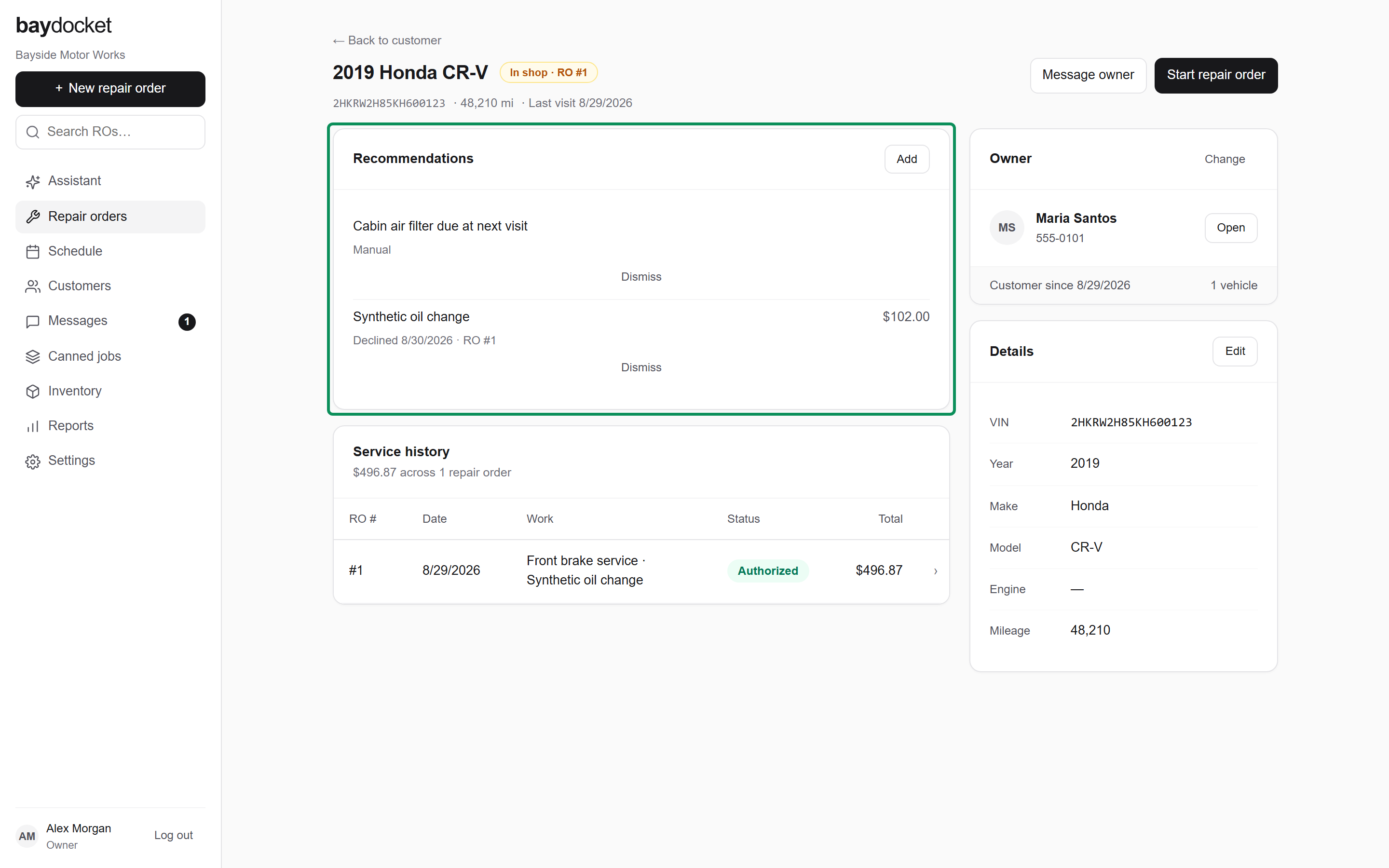 The vehicle Recommendations panel with source chips