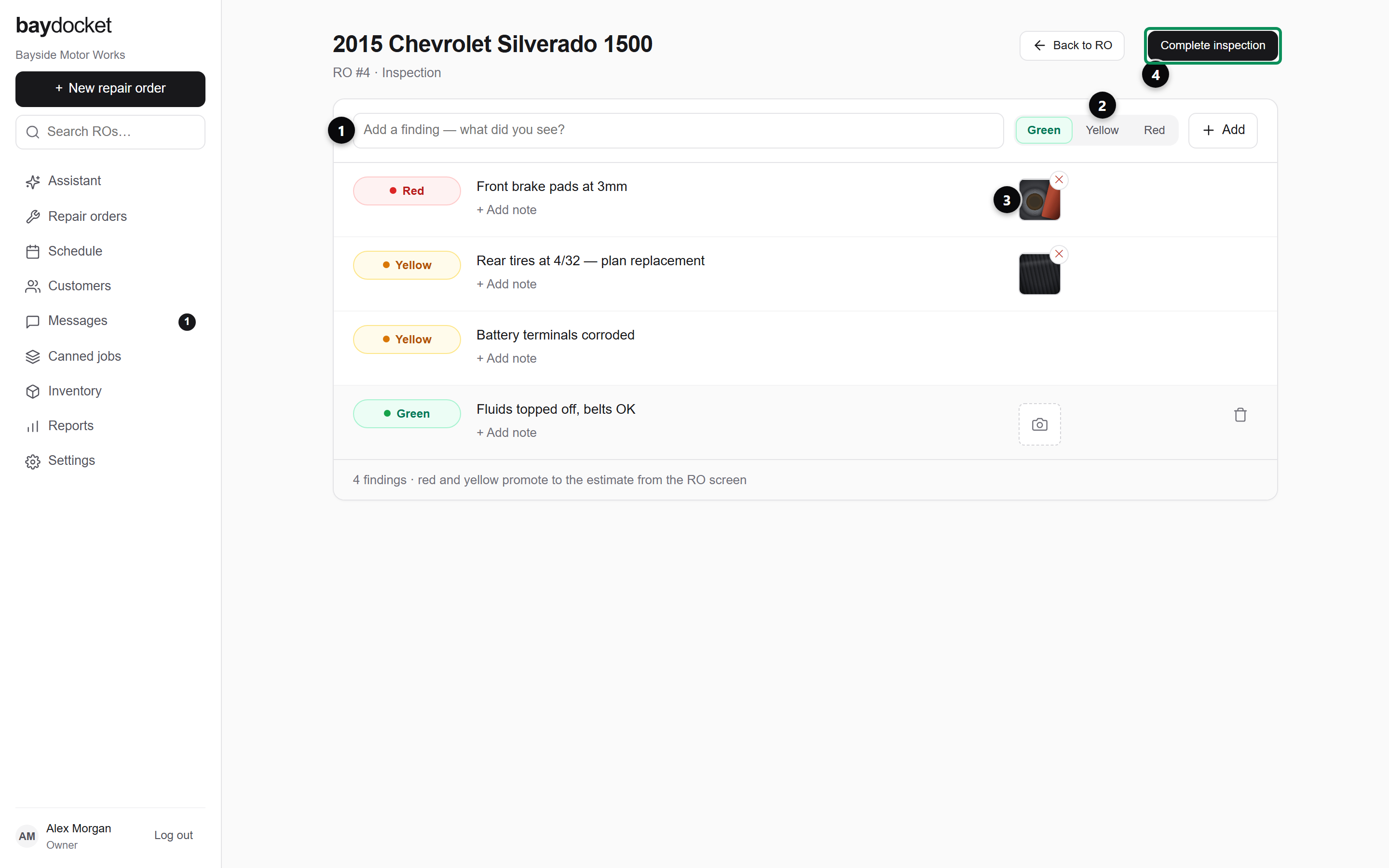 The inspection capture screen with the add row at the top and findings listed below