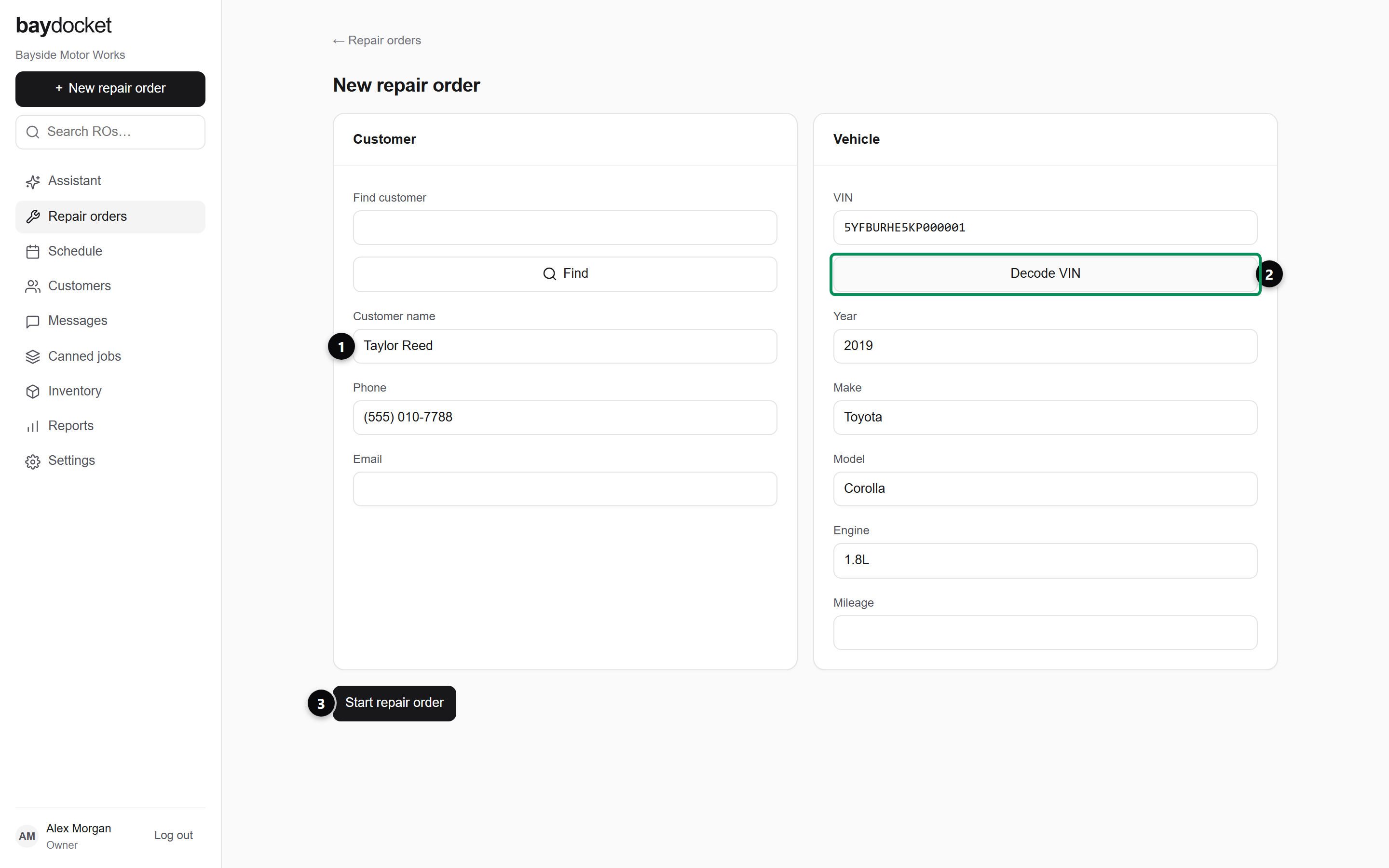 The New repair order screen with its Customer and Vehicle cards