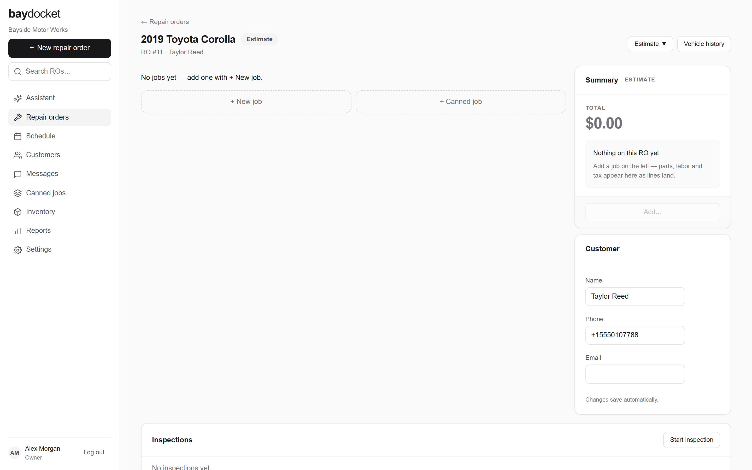 A fresh repair order in the estimate builder, with no jobs and a zero total