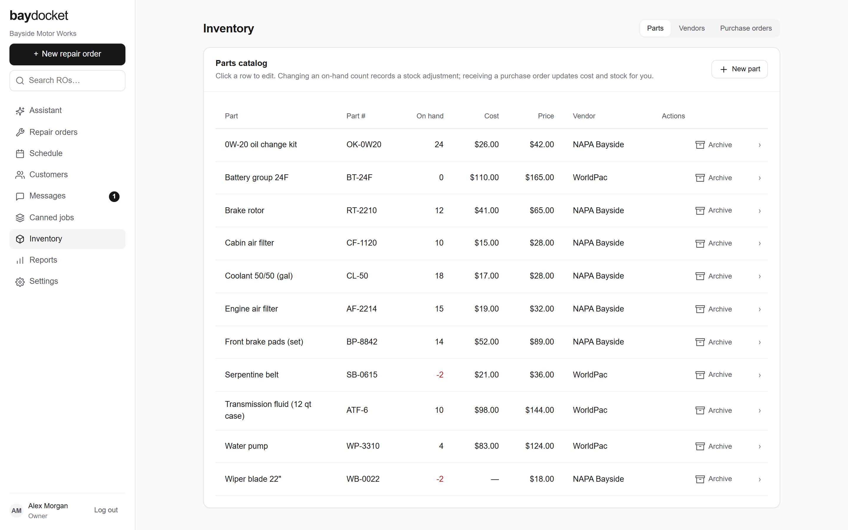 The Parts tab: the catalog table with on-hand counts, costs, and prices