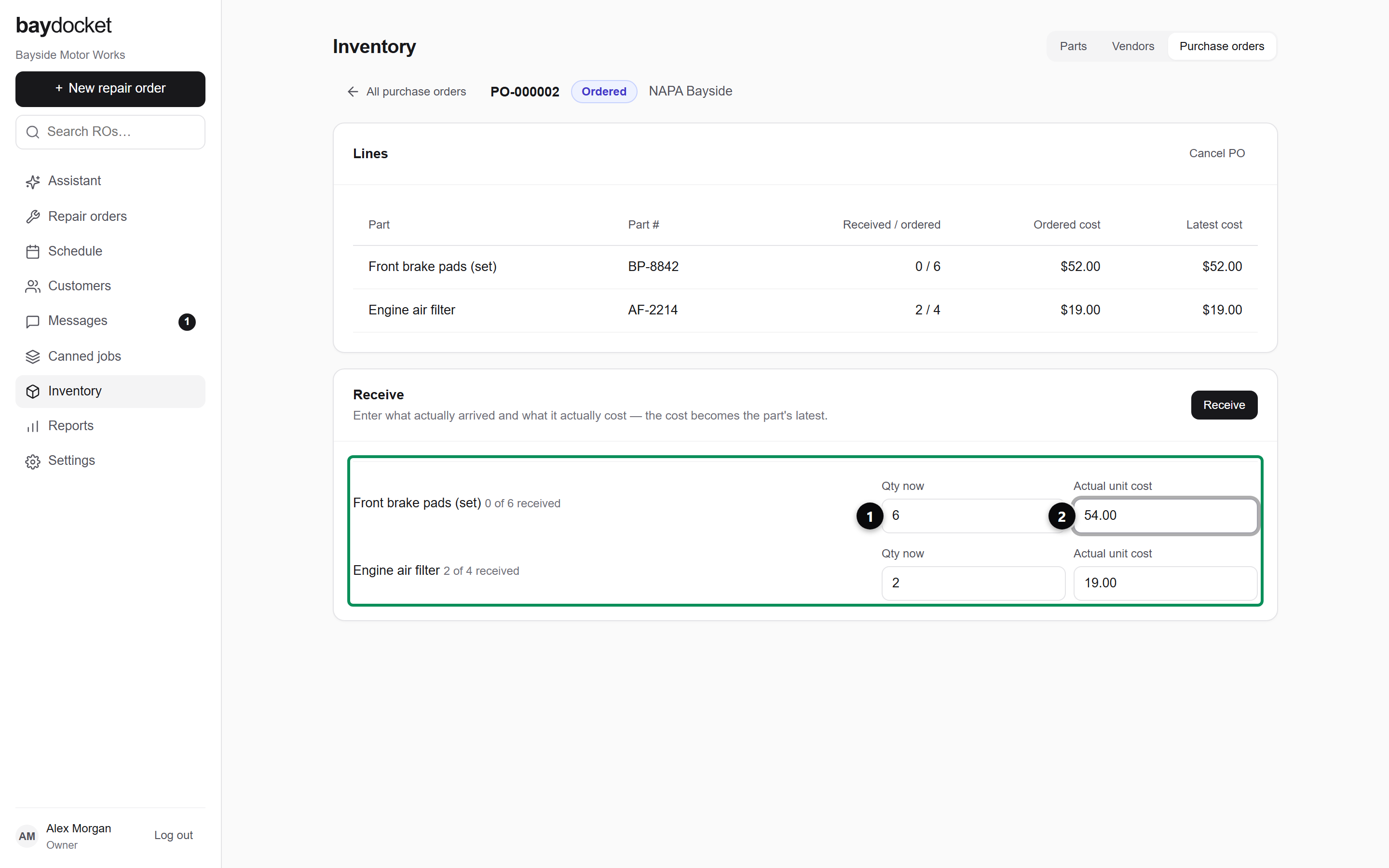 A purchase order’s Receive panel with per-line quantity and cost inputs