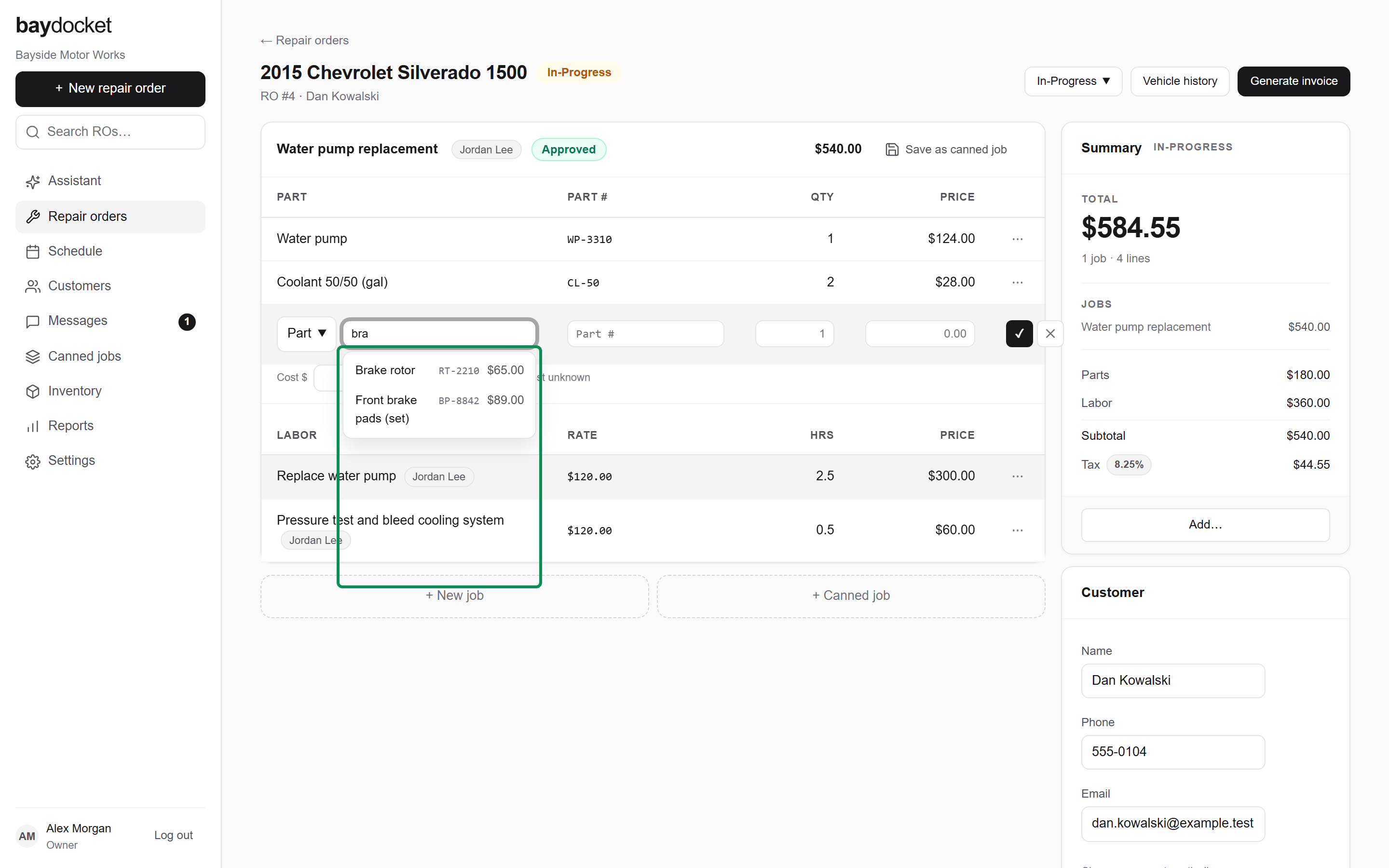 The estimate builder’s part line with catalog suggestions open