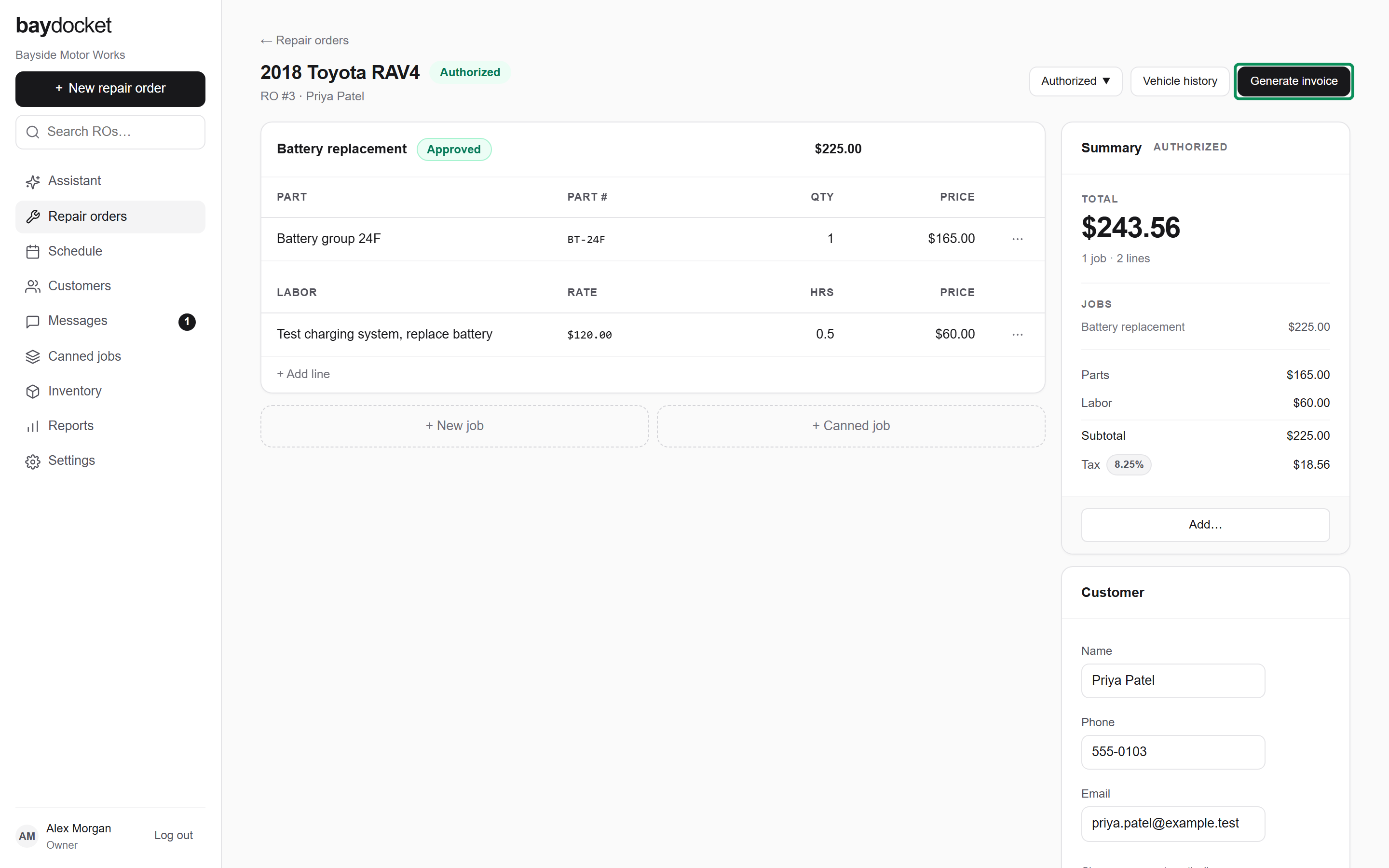 The Generate invoice button in the header of an Authorized repair order