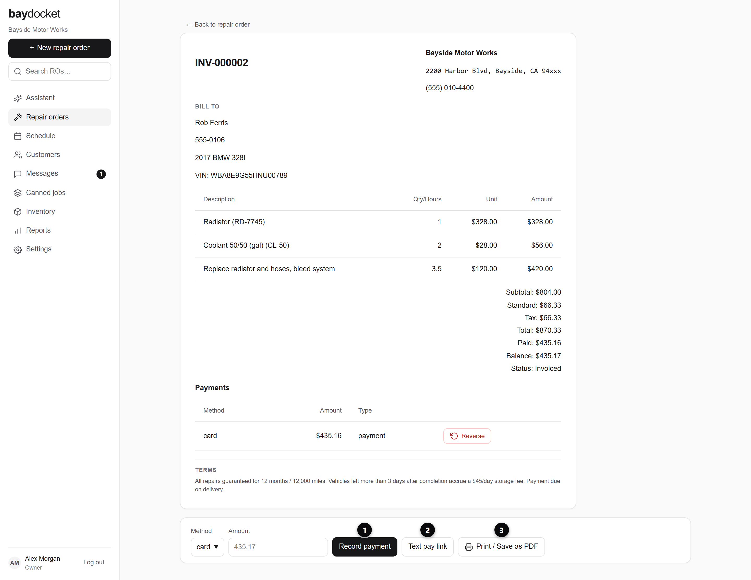 The invoice screen with the frozen document, tax breakdown, and payment card