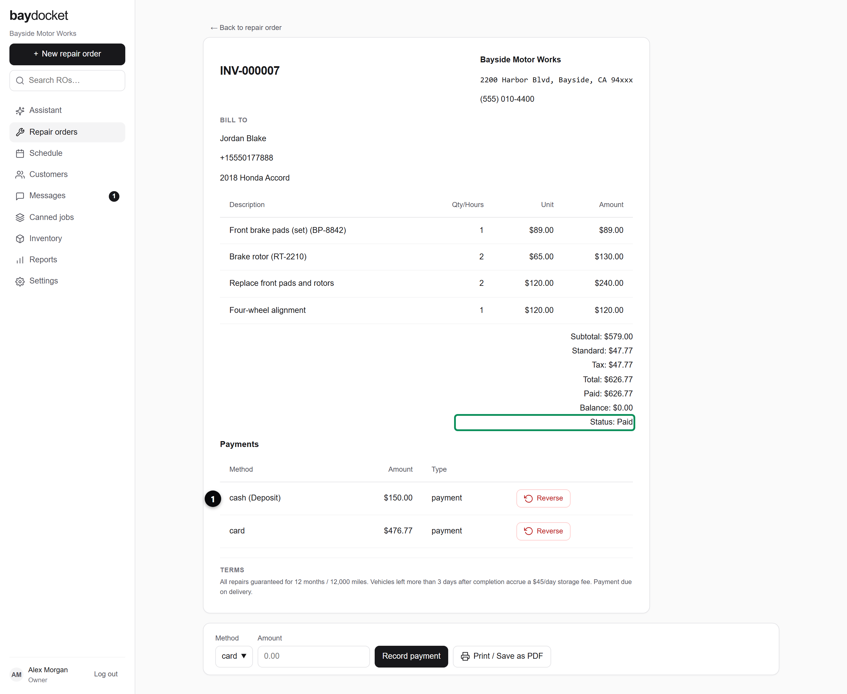 The record-payment card on an invoice, with the repair order at Paid