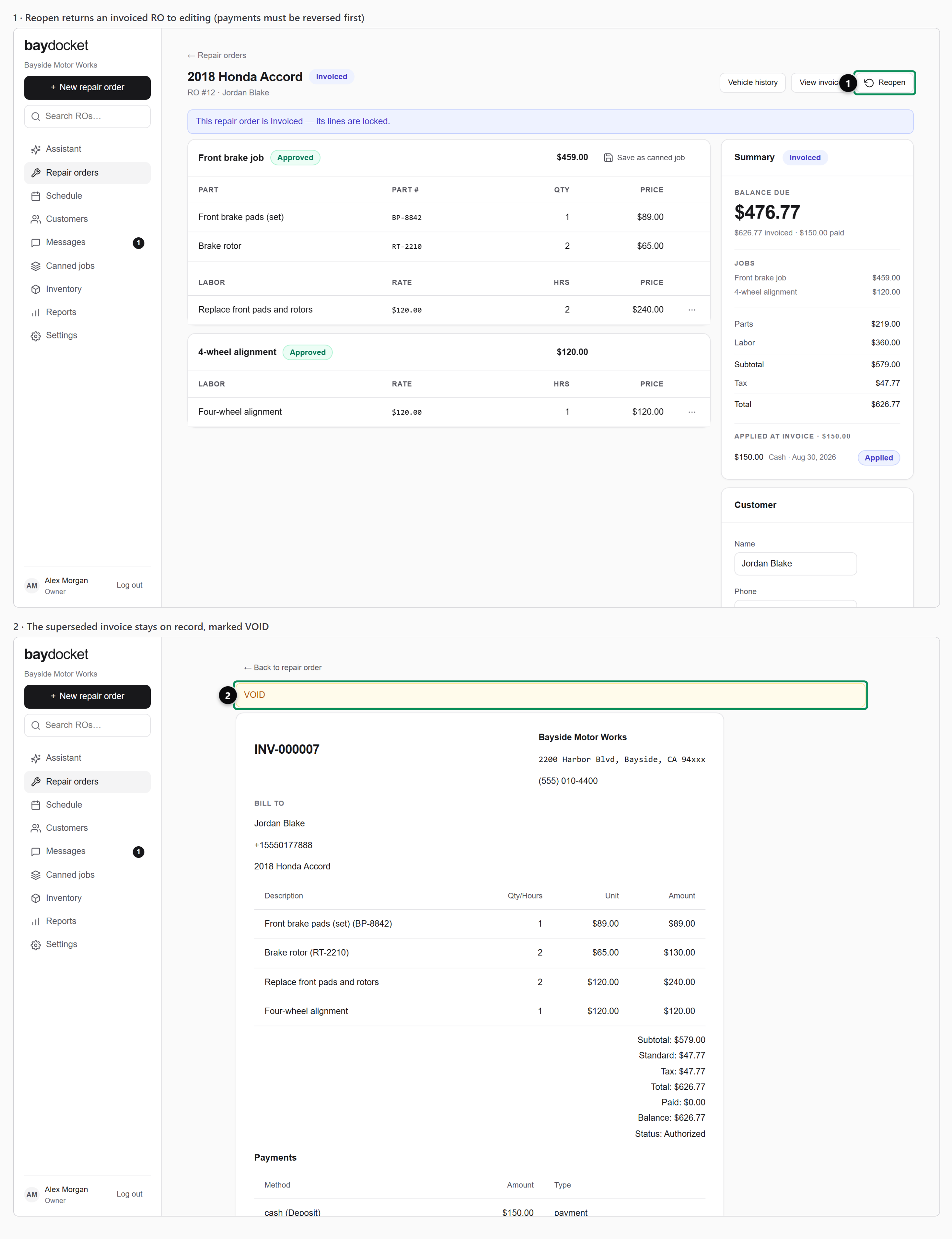 A reopened repair order beside its voided invoice, marked VOID