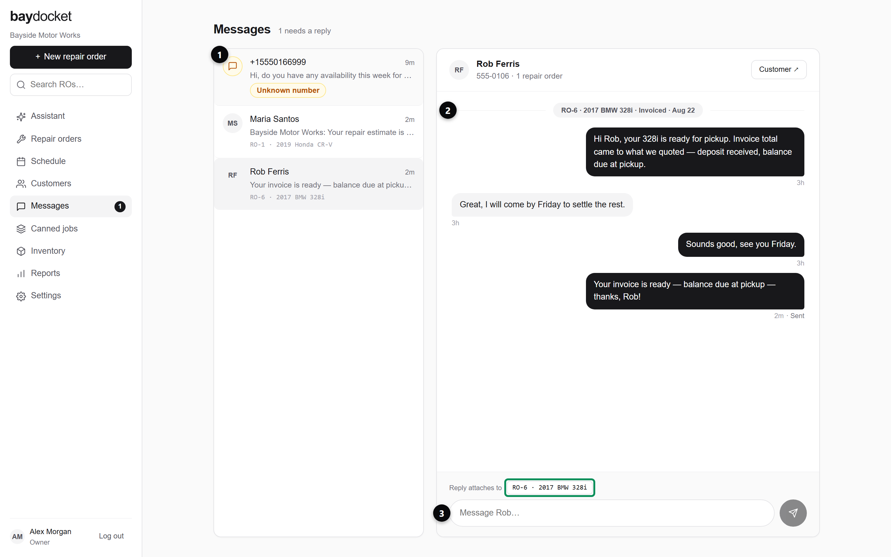 The Messages inbox: the thread list beside an open conversation
