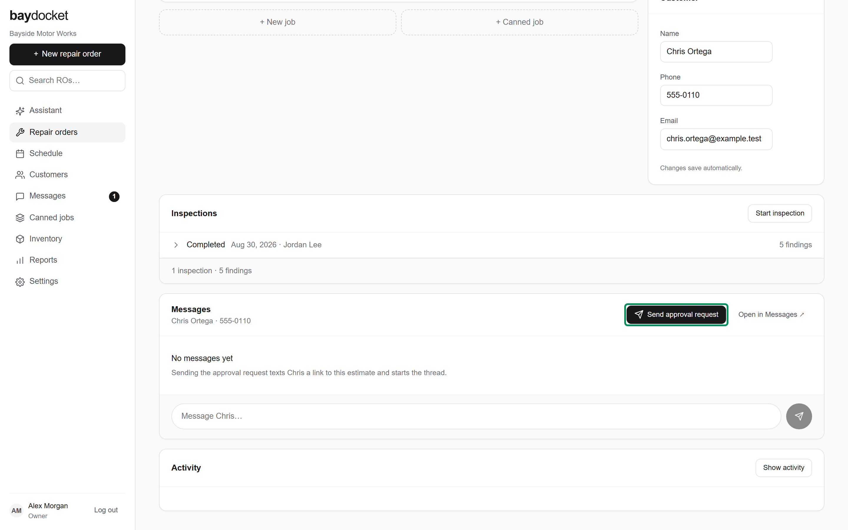 The repair order’s Messages panel with the approval action in its header