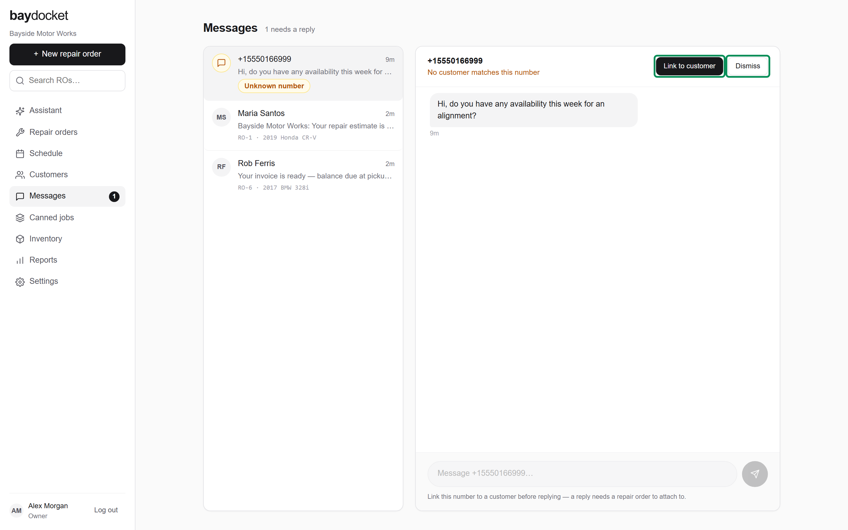 An unknown-number thread with the Link to customer and Dismiss actions