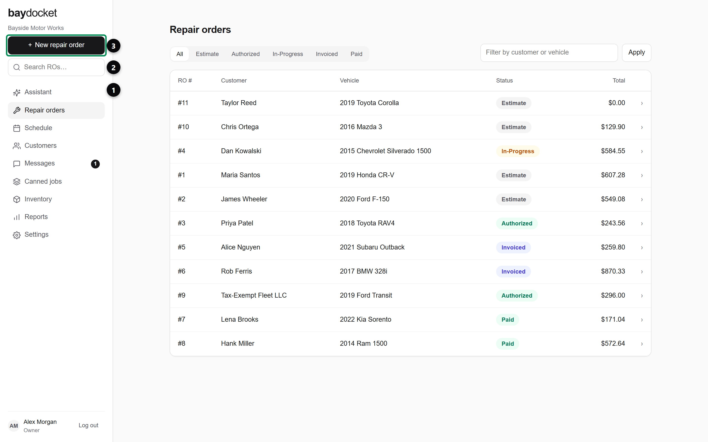 The BayDocket shell: the repair order list with the sidebar on the left