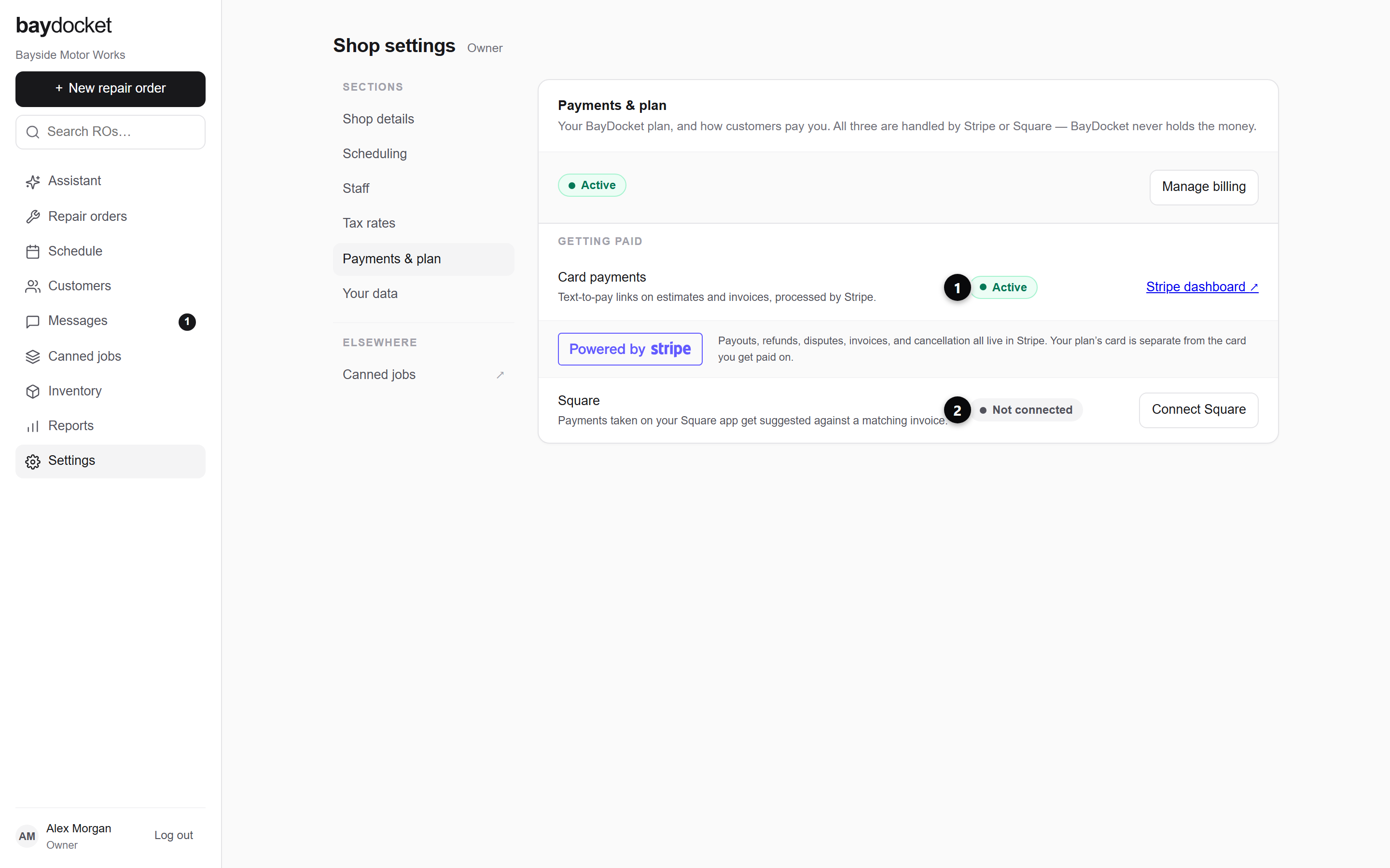 The Payments and plan section in Settings, with the Card payments and Square provider rows