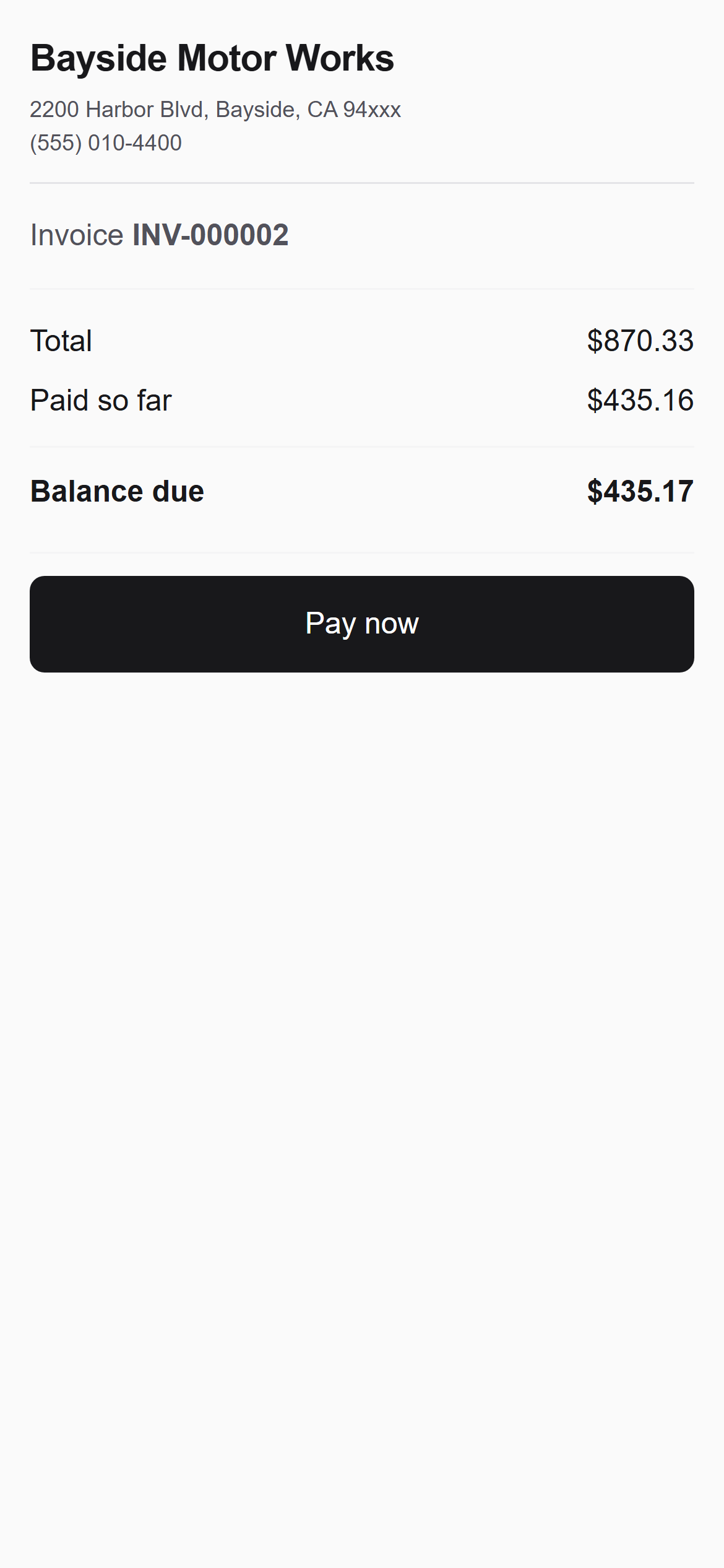 The customer payment page on a phone, showing the invoice balance and the Pay now button
