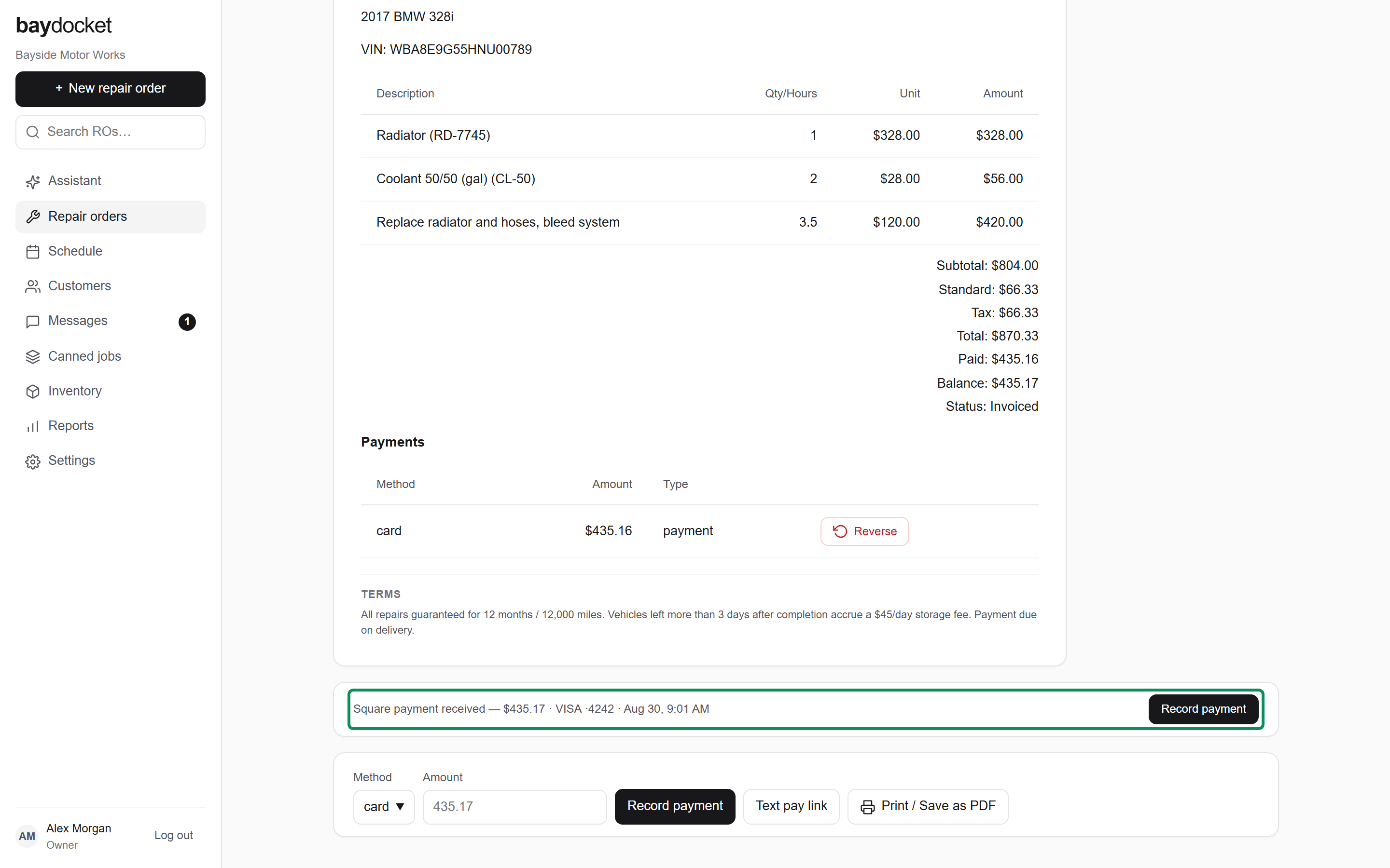 A Square payment suggested on the invoice screen with a Record payment button