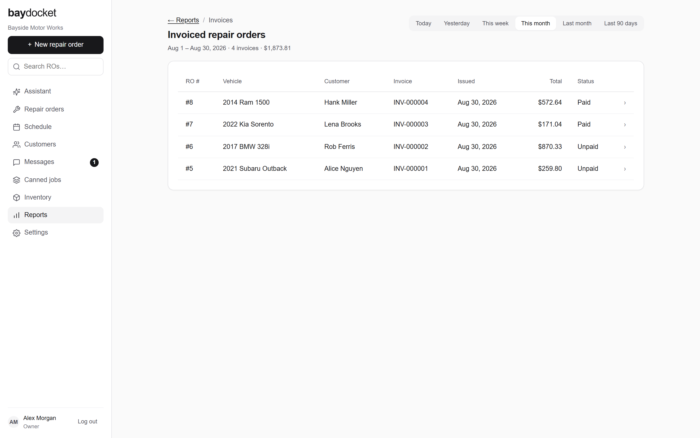 The invoiced repair orders drill-down list