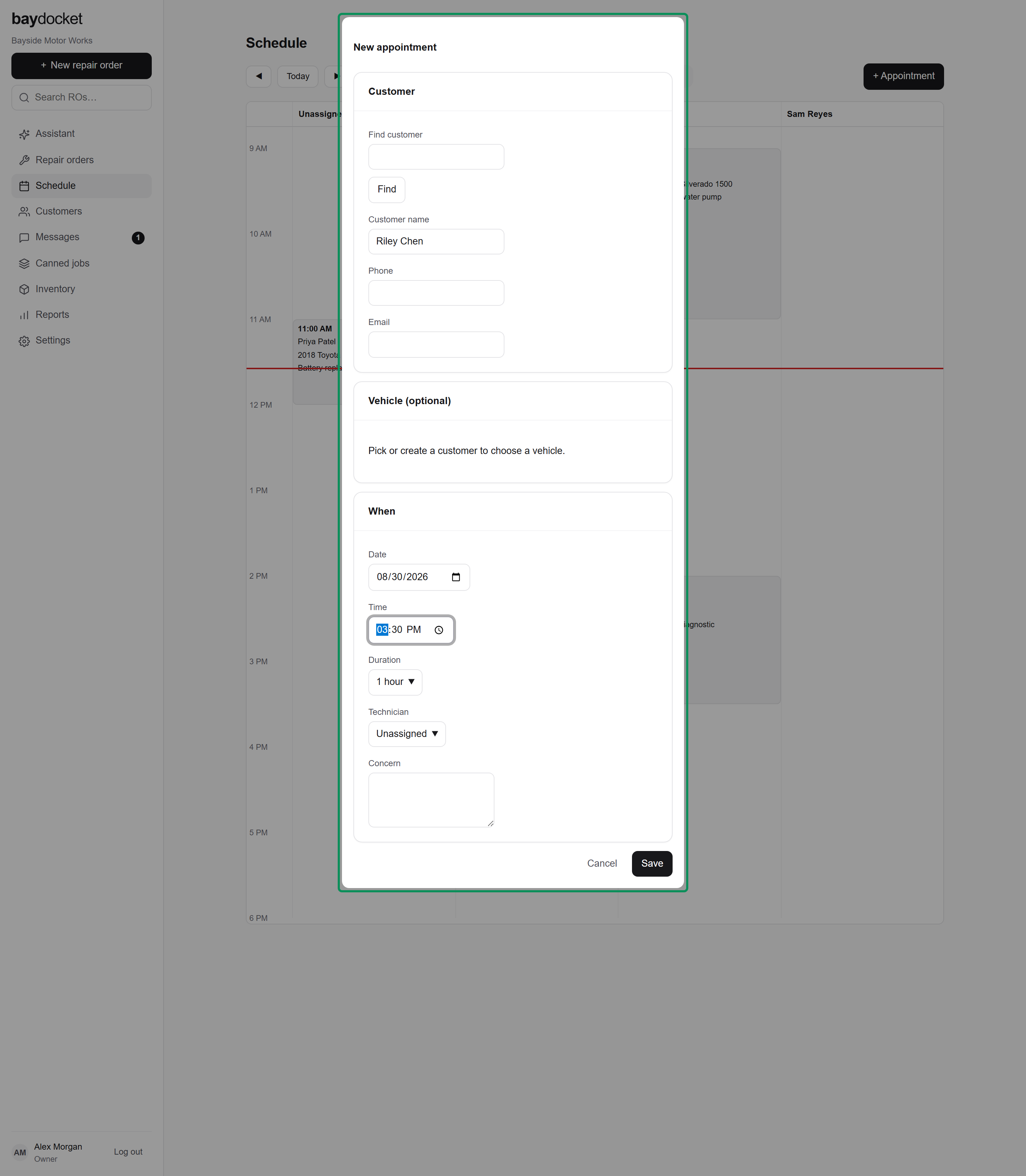 The New appointment form filled in, with customer, vehicle, time, and technician chosen