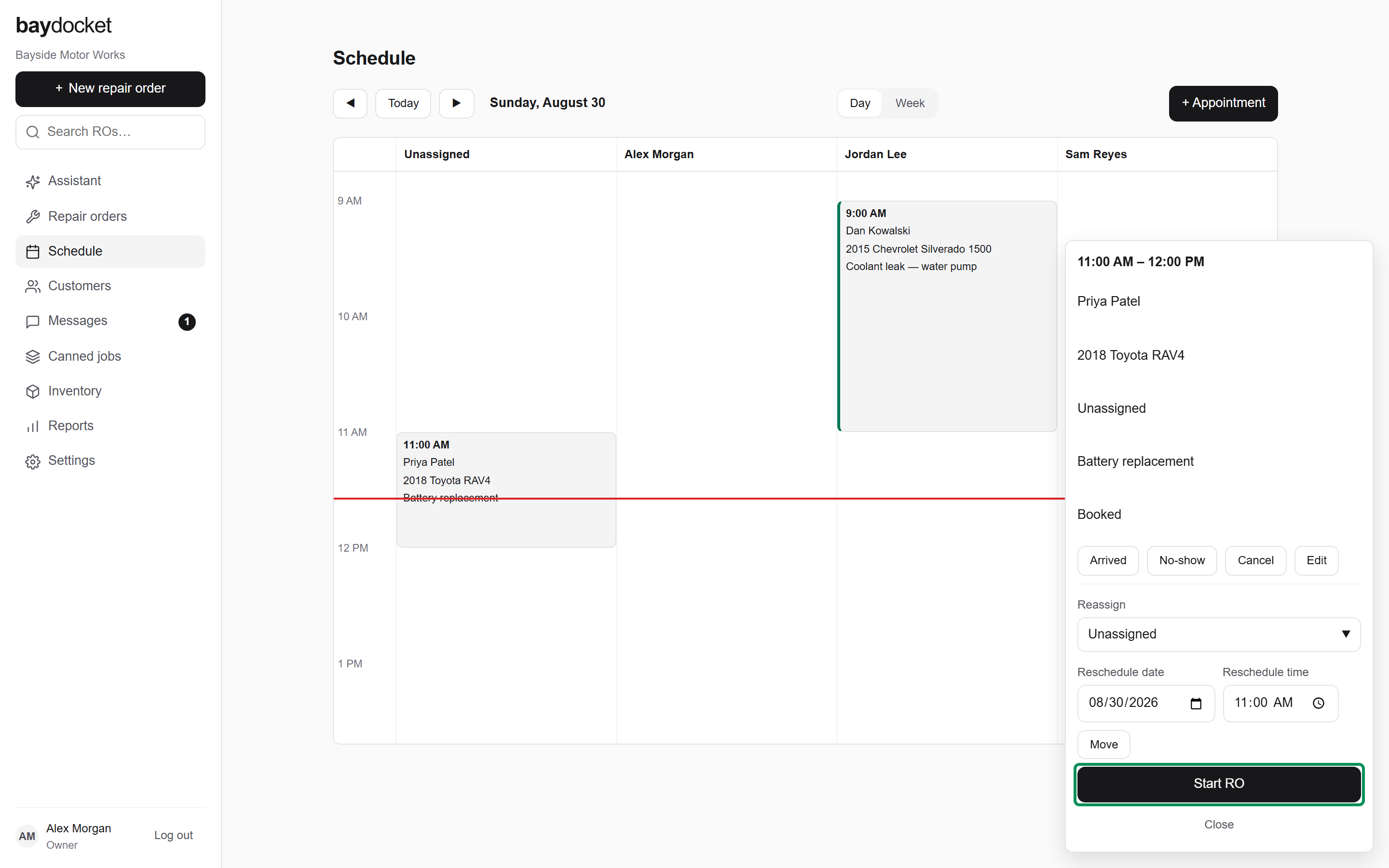 The appointment detail panel with status actions, reassign and reschedule pickers, and Start RO