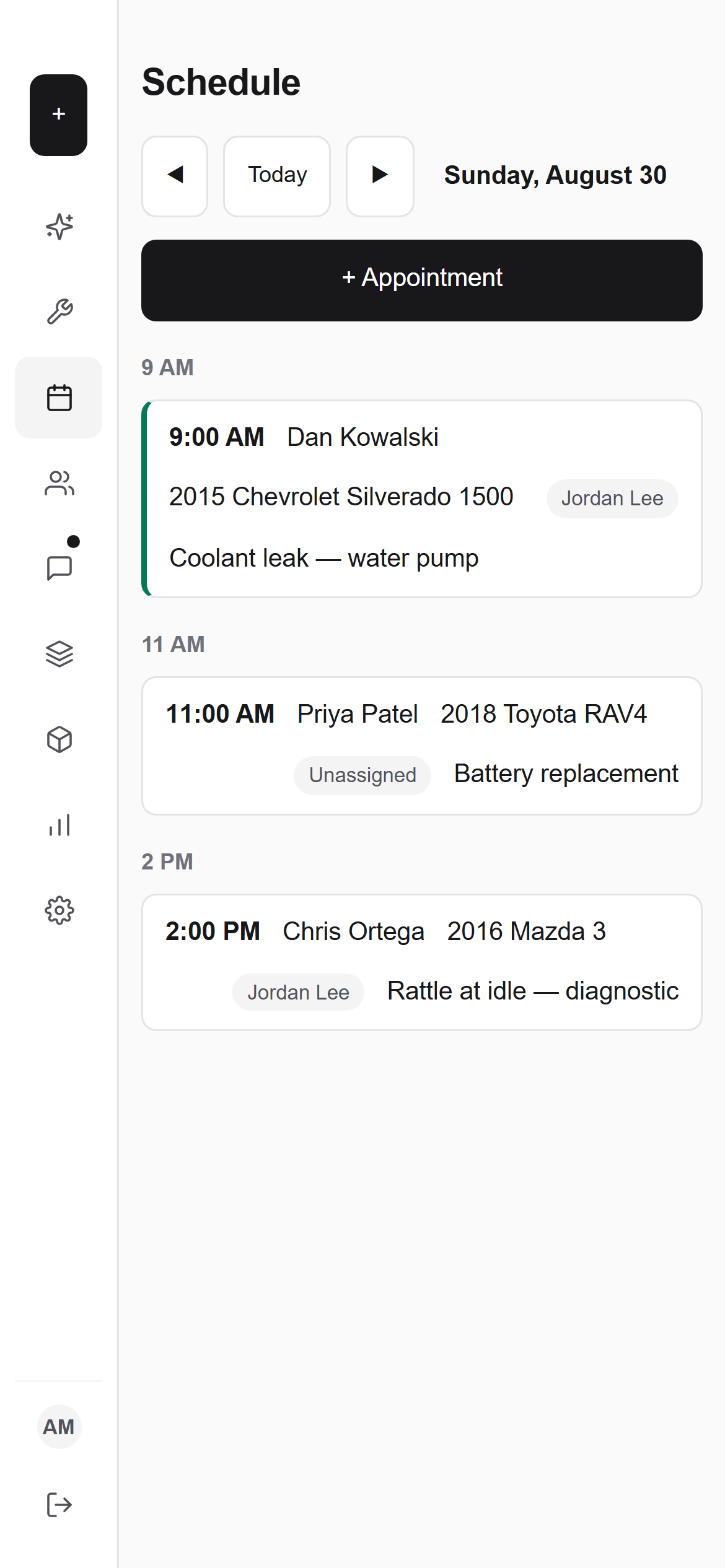 The phone agenda list, one day of appointments grouped by hour
