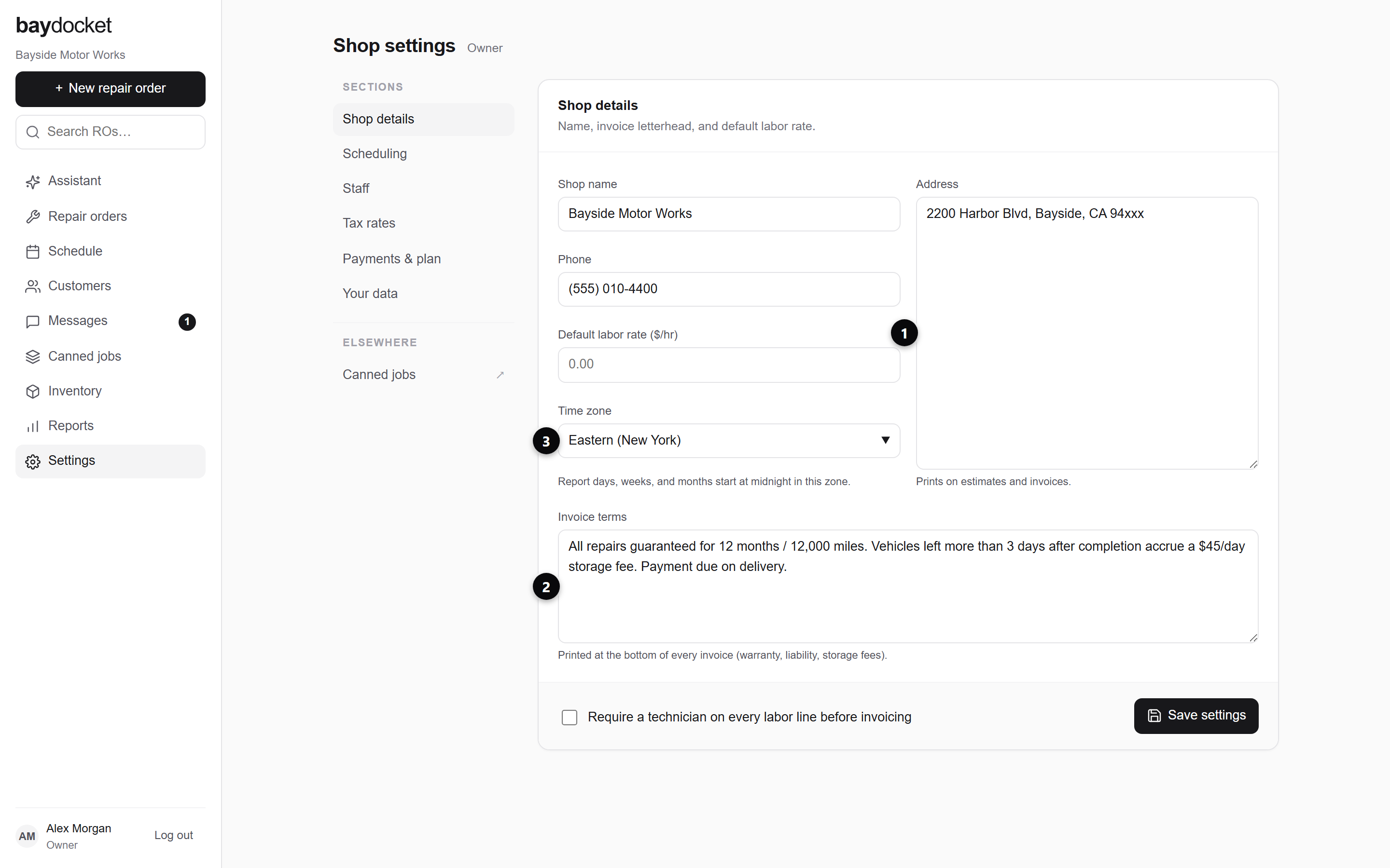 The Shop details section: name, phone, labor rate, time zone, address, and invoice terms