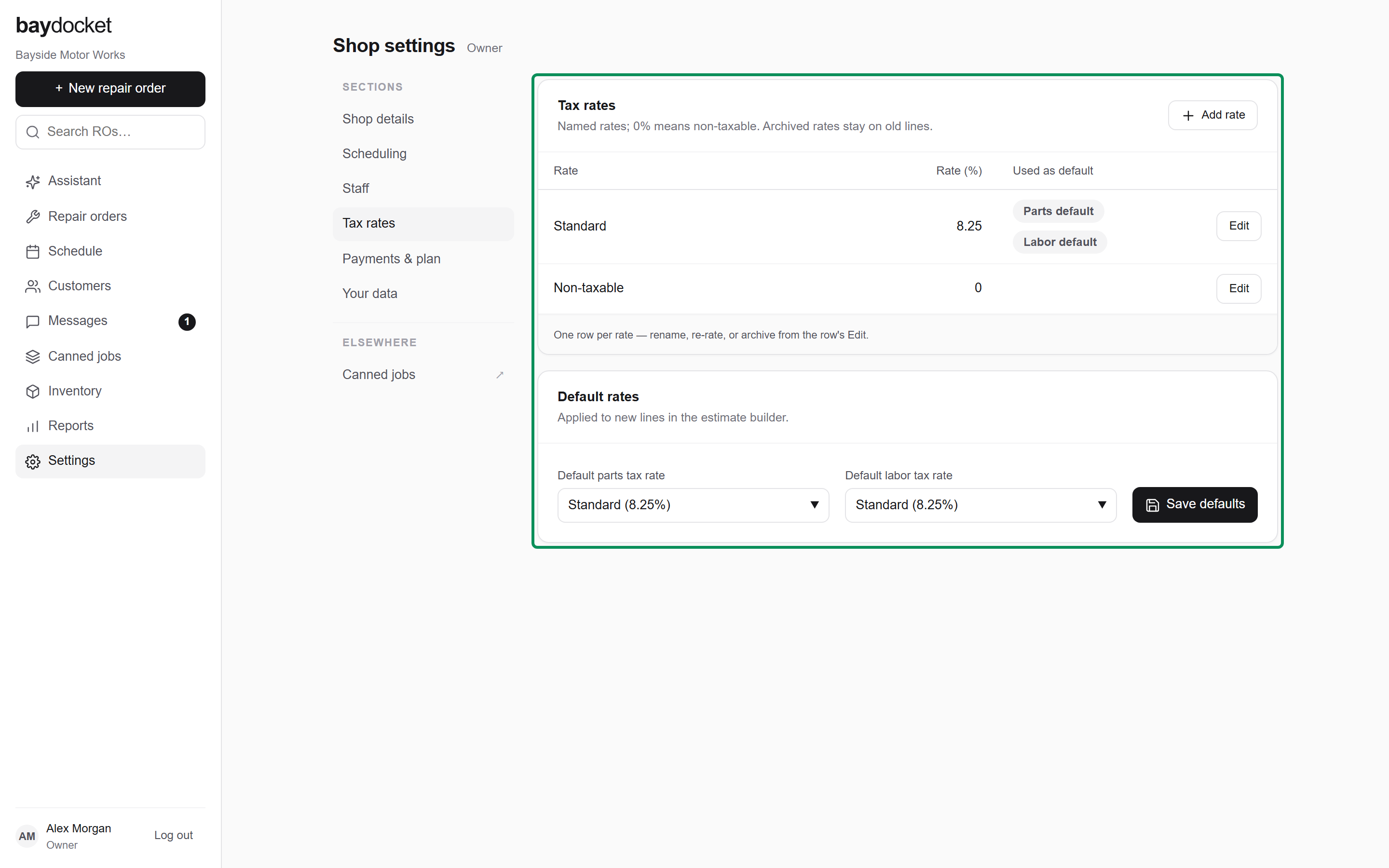 The Tax rates section: the rate table and the Default rates card
