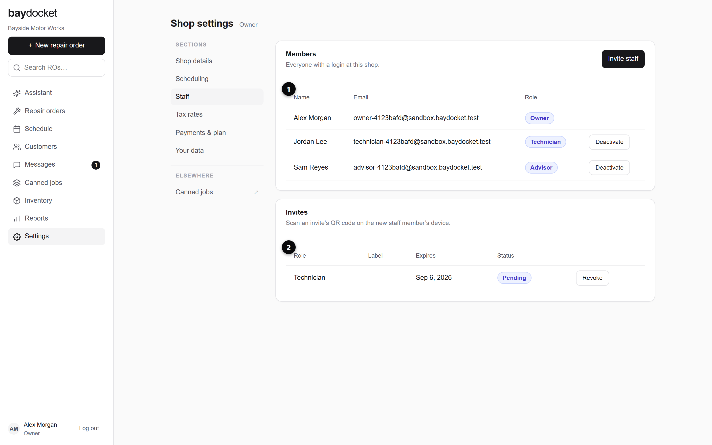 The Staff section in Settings, with the member roster and the invites list